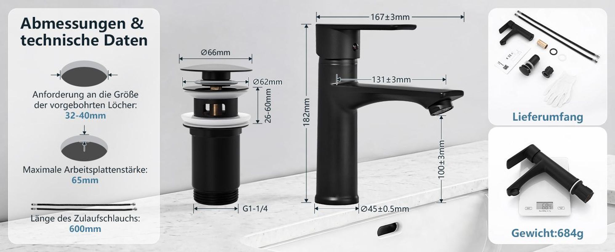 Homelody Wasserhahn Bad Schwarz +Universal Ablaufgarnitur Schwarz, Armatur Mischbatterie Waschbeckenarmatur mit Pop-Up Ventil Edelstahl Messing