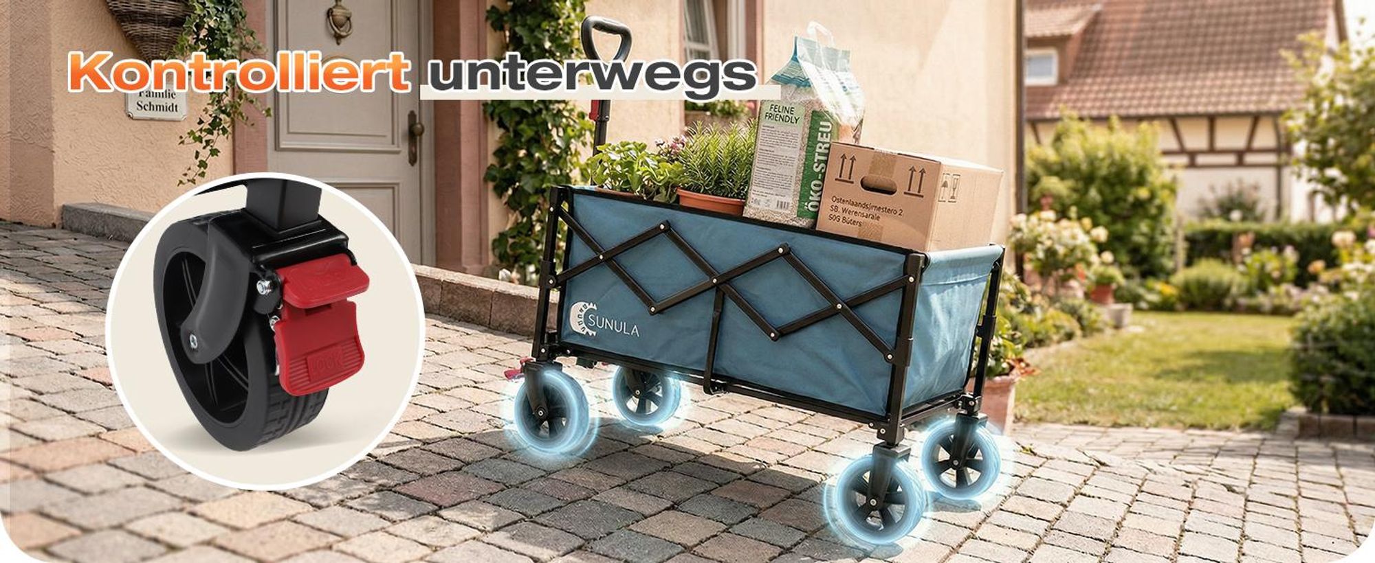 SUNULA Bollerwagen Faltbar Klein 80L 100KG, Klappbarer Handwagen Einkaufen, Blau