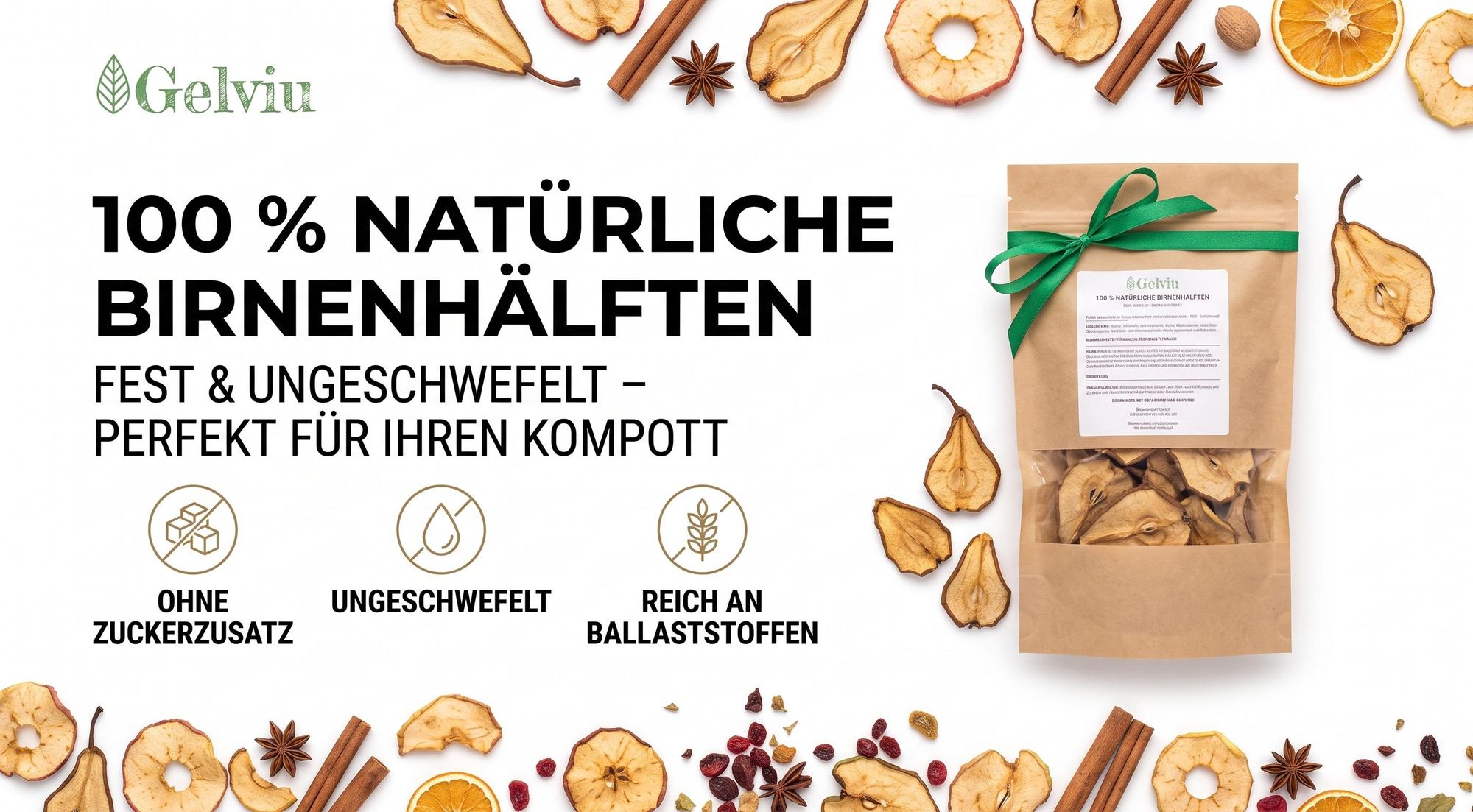 Getrocknete Birnenhälften 1000g - Ungeschwefelt - Hart - Für Kompott
