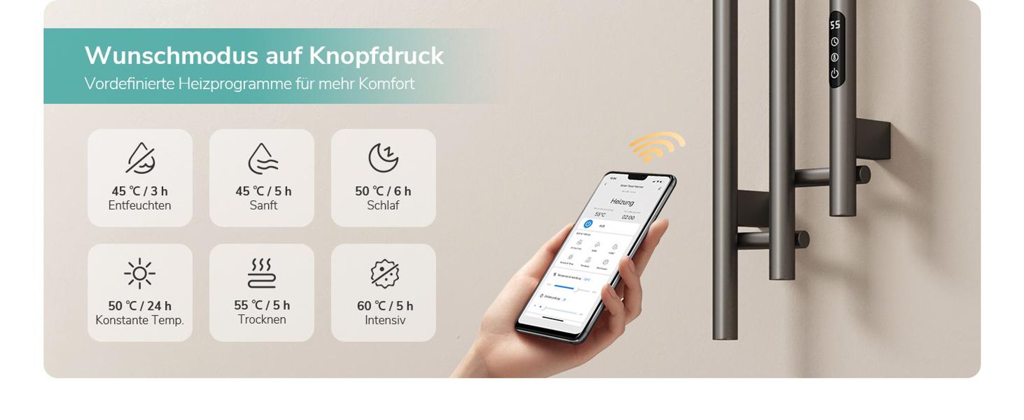 EMKE Elektrischer Handtuchheizkörper WLAN-App Steuerung mit Wochenprogramm LED Touchscreen Kompakt 3-Rohr Handtuchtrockner 115x21,6cm 220W Anthrazit