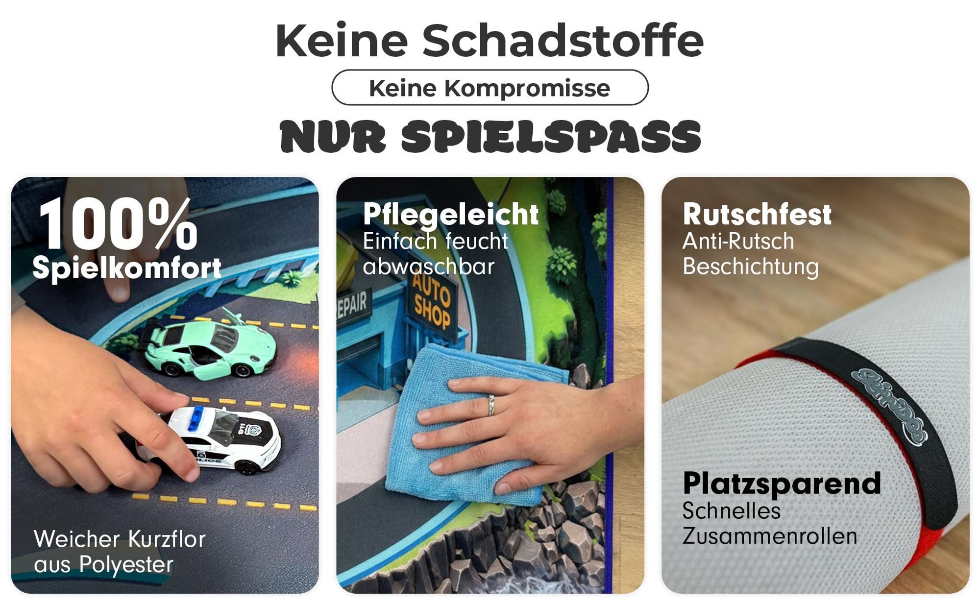 SkippiDoo Straßenteppich – Monster City XL – Spielteppich 200 x 140 cm, Autoteppich mit Breiten Straßen & großen Parkplätzen, Rutschfest
