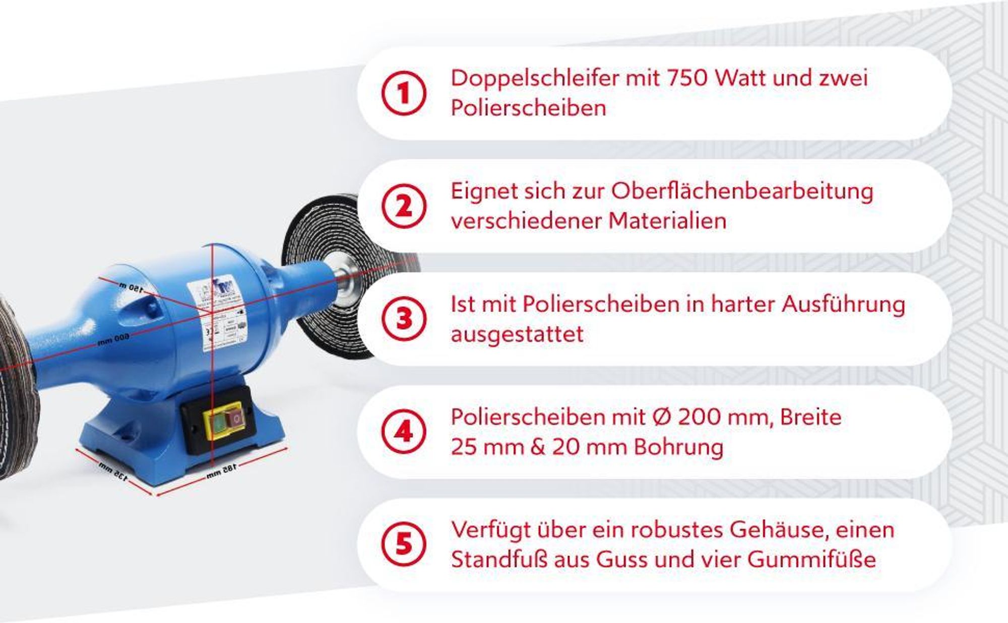 Wiltec Poliermaschine 750W mit 2 Polierscheiben Ø 200mm, 2950 U/min, Doppelschleifer mit robustem Gehäuse aus Guss und Standfuß