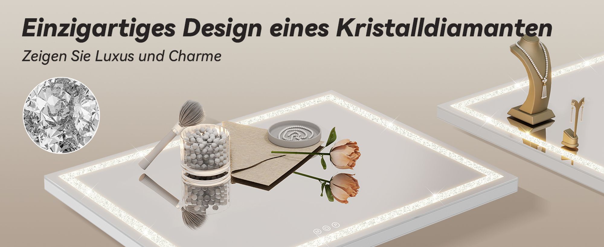 Puluomis Kosmetikspiegel 70x55 cm dimmbar mit LED Diamanten Design, 3 Farben Hollywood Spiegel, Schminkspiegel  USB Type C Tischspiegel Wandspiegel