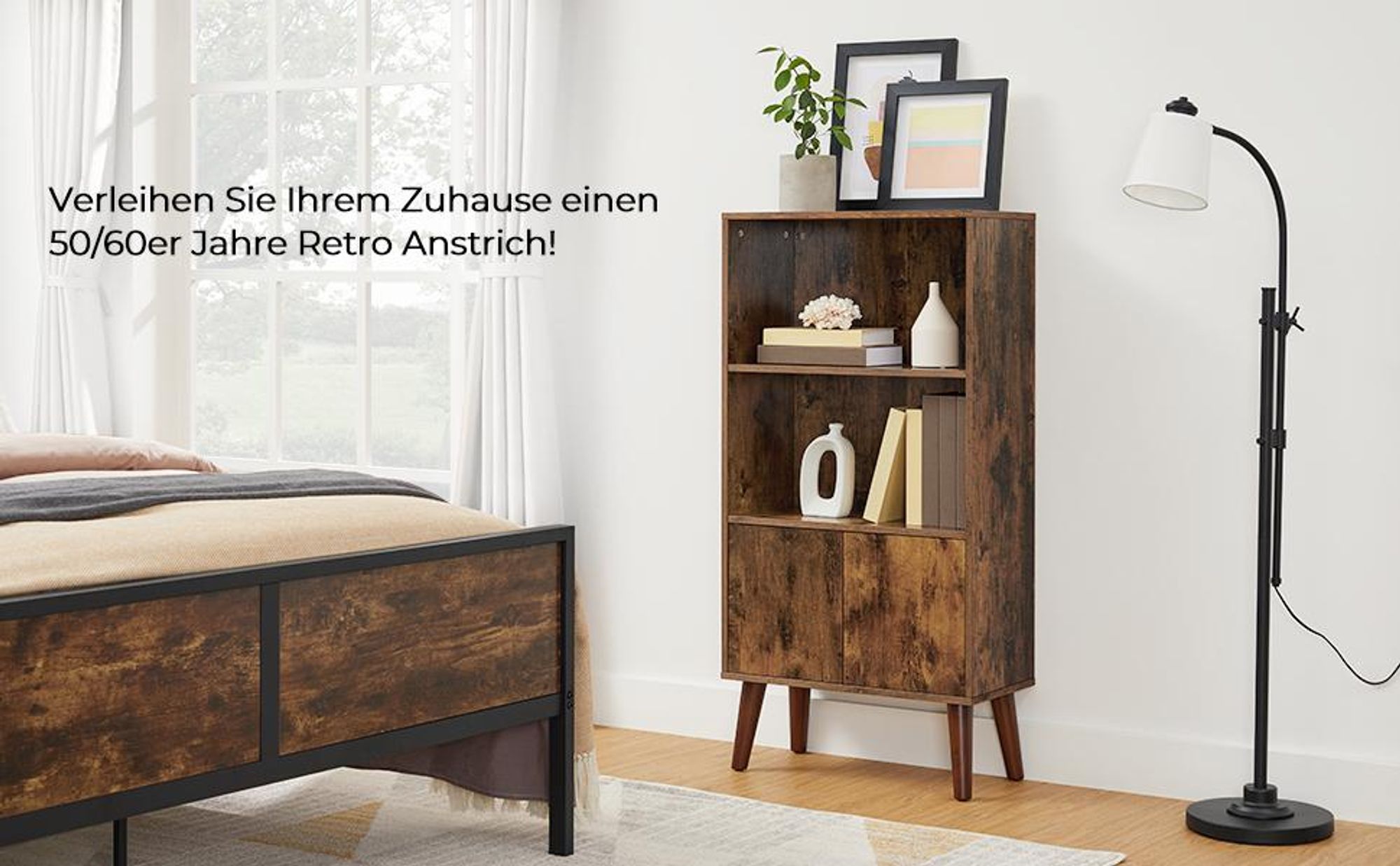 VASAGLE Retro Bücherregal mit 2 Ablagen und Türen aus Holz 120 x 60 x 30 cm Bücherschrank Holzoptik Vintage LBC09BX