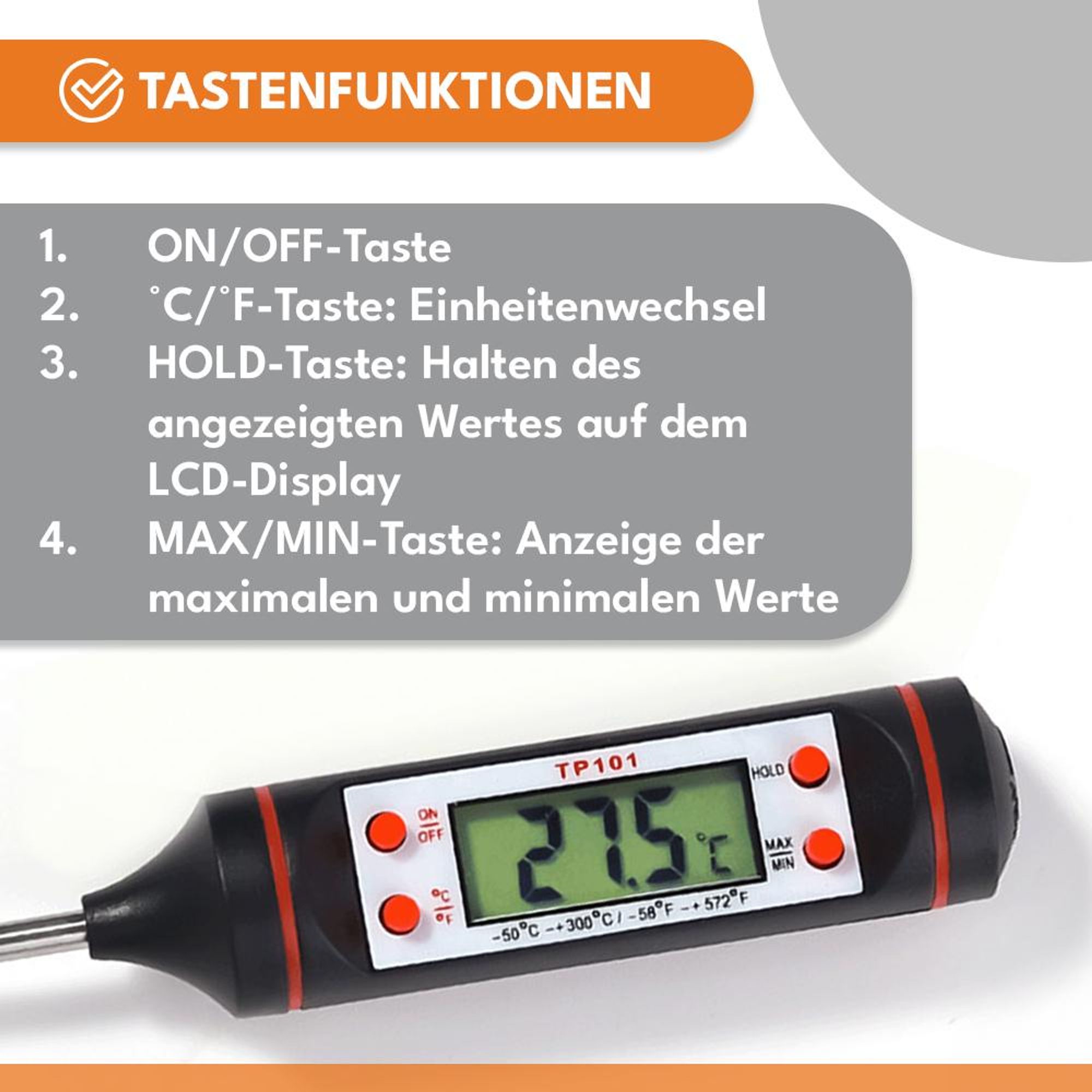 KRUMAD Digitales Küchenthermometer – Fleischthermometer mit Edelstahlsonde – Präzises Lebensmittelthermometer für Grill, Braten & Küche – Messbereich