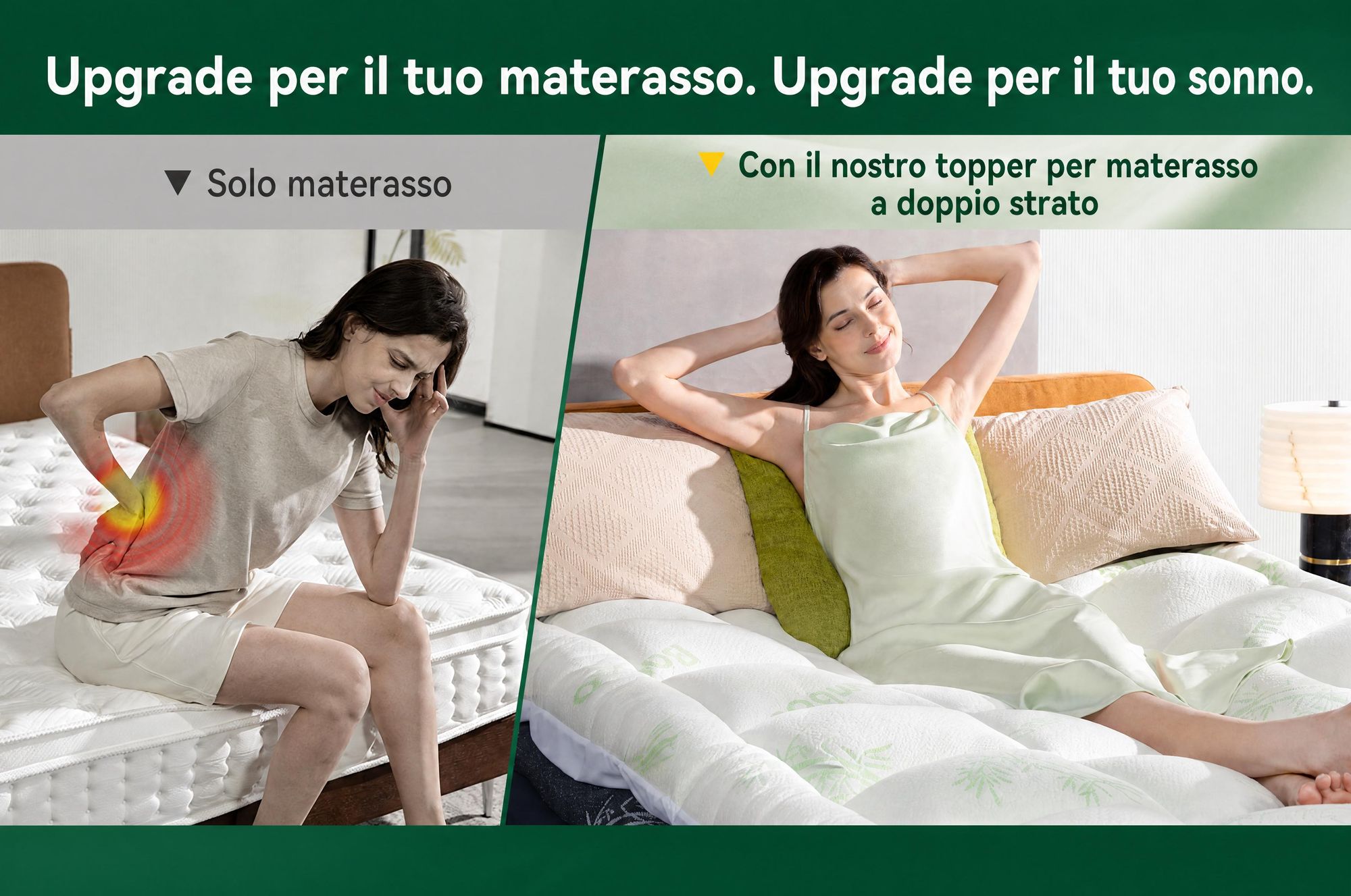 NicePlus, materasso topper 2-in-1, 90x200X7cm, con imbottitura in memory foam a 5 zone e strato superiore in bambù, dotato di angoli elasticizzati per adattarsi a tutti i tipi di materasso, livello di comfort H2/H3, colore verde