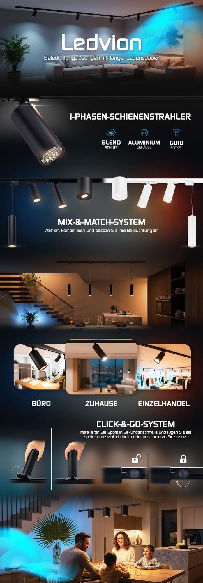Ledvion Schienensystem lampen 1m 1-Phasen Schwarz 3-flammig ohne GU10 Lampe