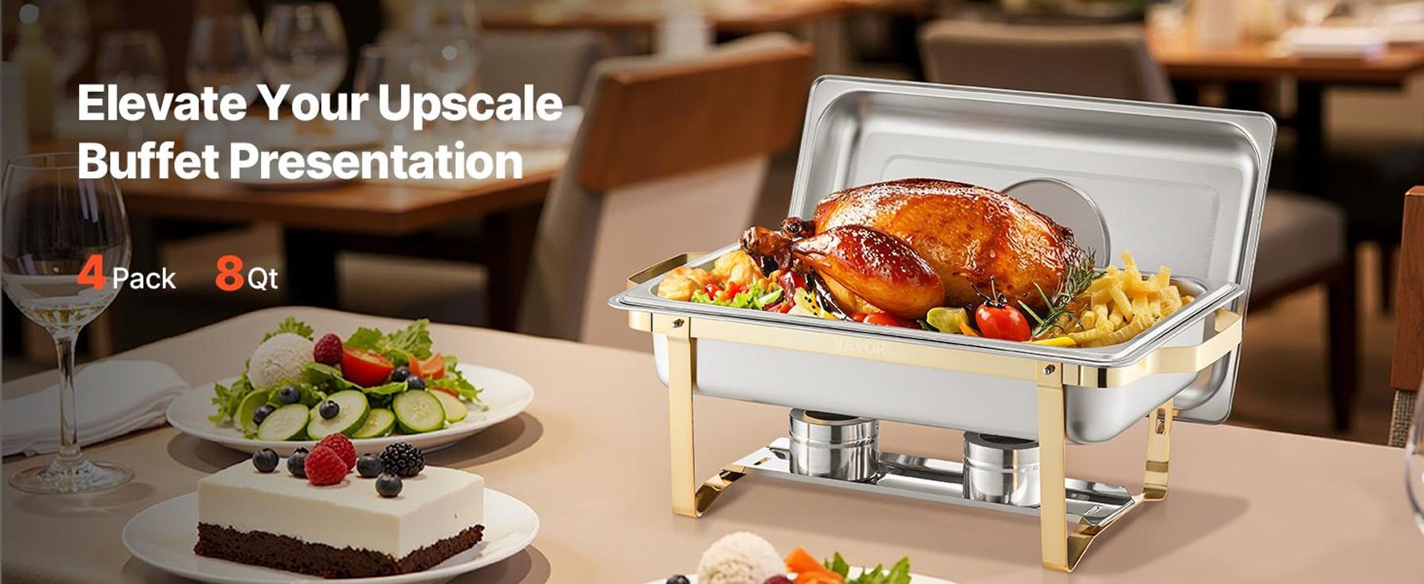 VEVOR Warmhalteteller Buffet Set, 4 Qt 2er Pack, Edelstahl Chafing Dish mit 4 halben Größen Pfannen, rechteckiger Catering Wärmeserver mit Glasdeckel, Wasserpfanne, klappbarer Ständer, Brennstoffhalter, für Hochzeitsfeiern und Bankette, 4 Stück