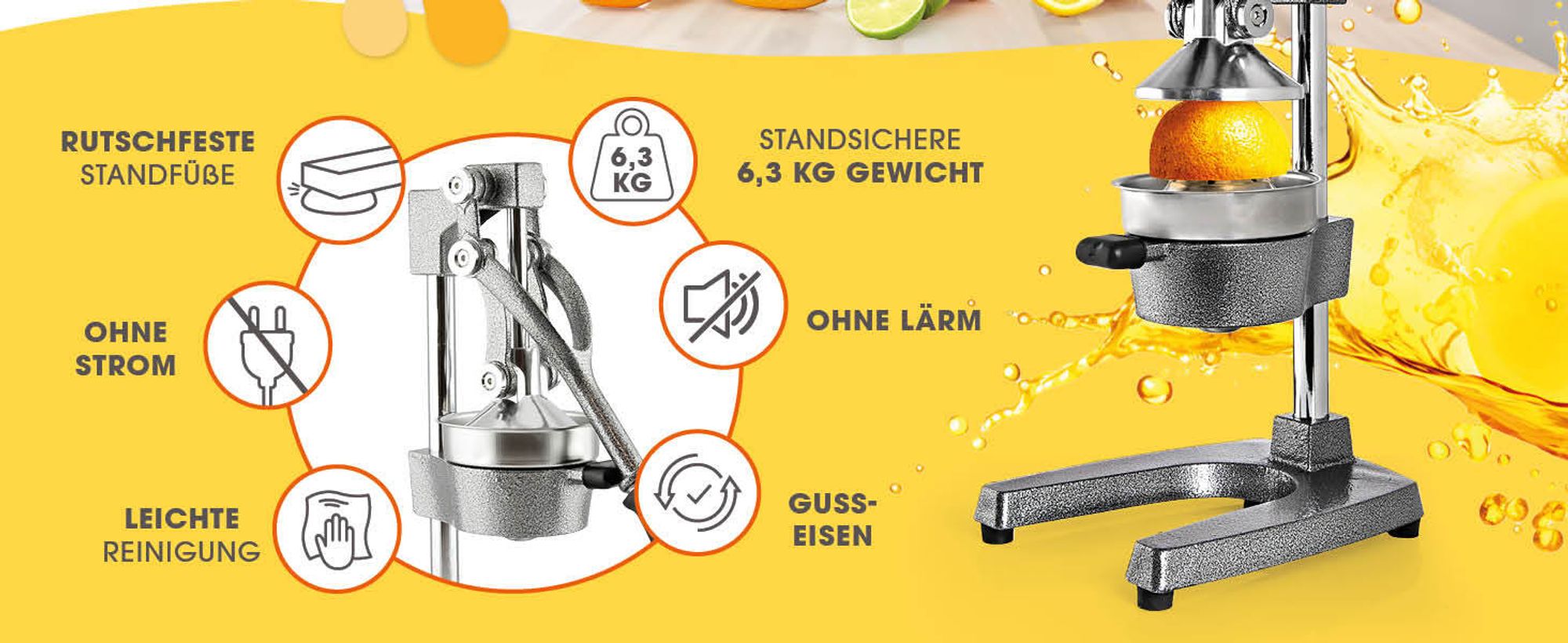Lumaland Edelstahl Saftpresse Hochwertige, sehr leise, manuell bedienbare Zitruspresse Entsafter Stilvolle Handpresse Einfach frische Säfte pressen