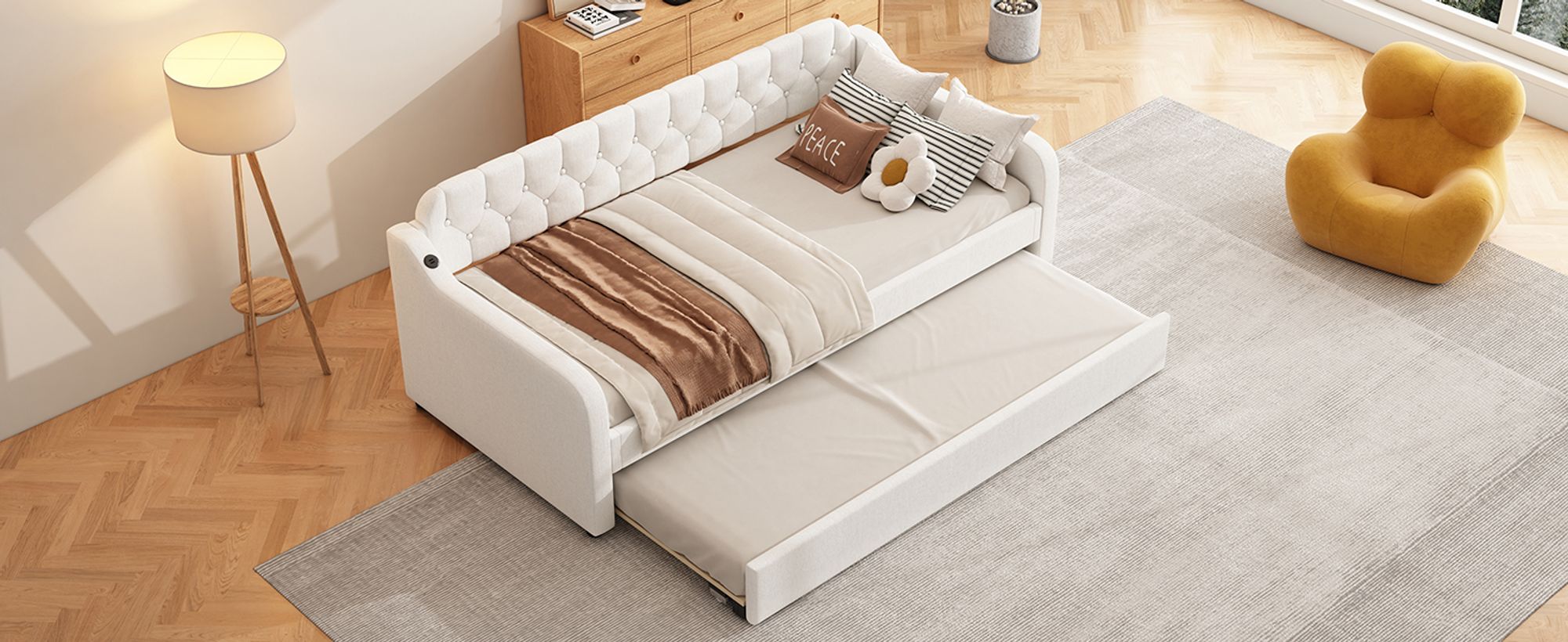 Merax Tagesbett  90x200cm/180x200cm Ausziehbett, Erweiterbares Schlafsofa mit USB und Lattenrost, Leinen Polsterbett Kinderbett Sofabett, Beige
