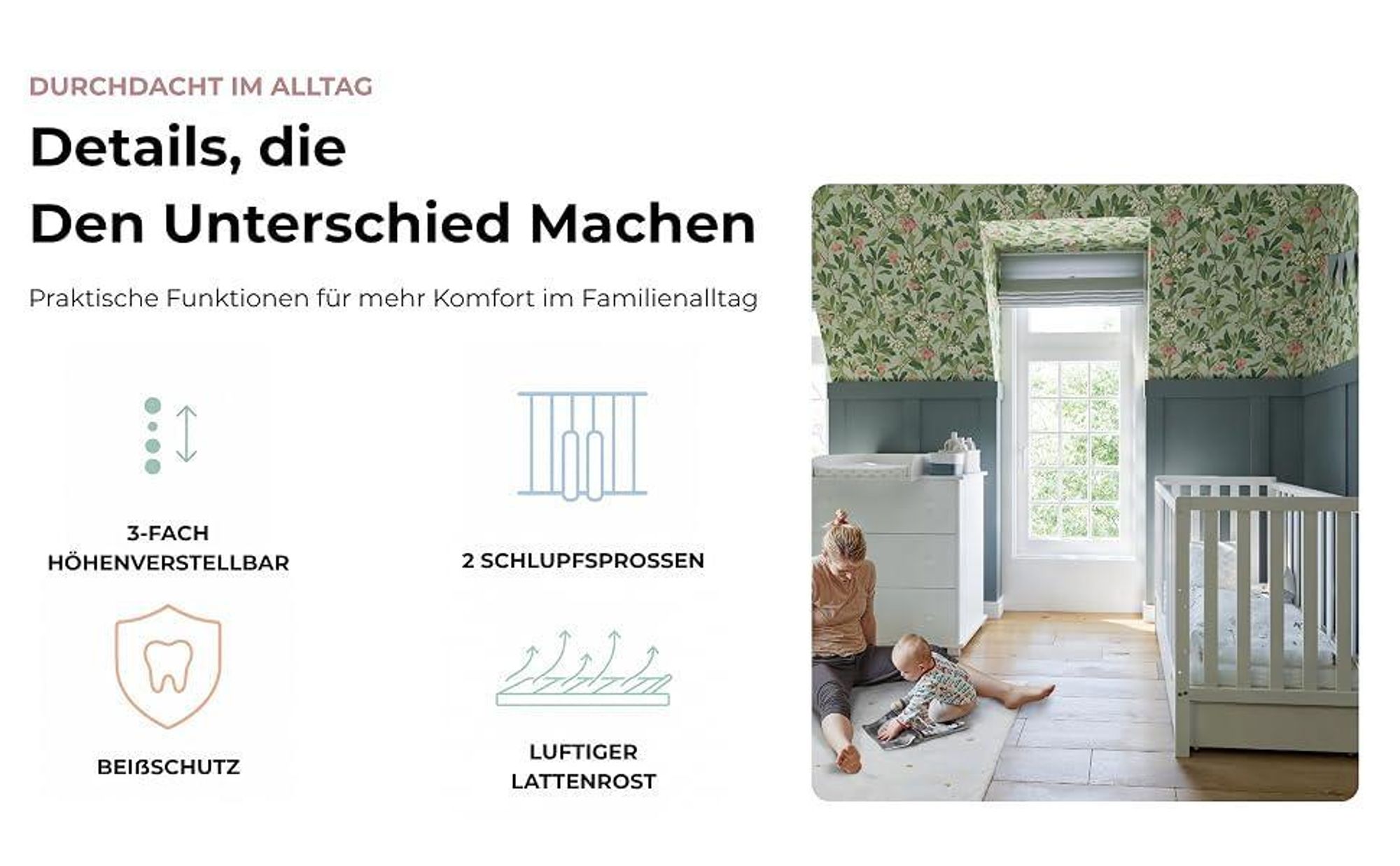 ZEE BAMBI Mint Babybett 120x60 cm 2in1 mit Schublade & Schutzbarriere Klassisches Gitterbett 3-Fach Höhenverstellbar Kinderbett mit Beißschutz
