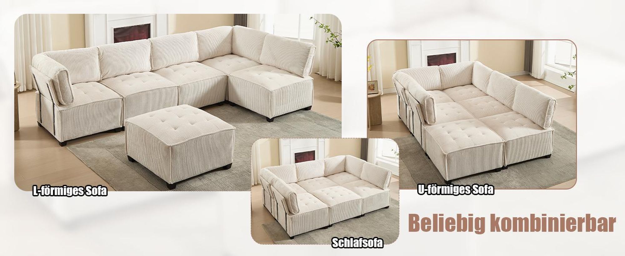 LVHOM Modulares Sofa U Form 308 x 82 x 154 cm, 6-Sitzer mit Schlaffunktion, Modular Cord Ecksofa, umwandelbares Schaumstoffsofa, Sofagarnitur, Beige