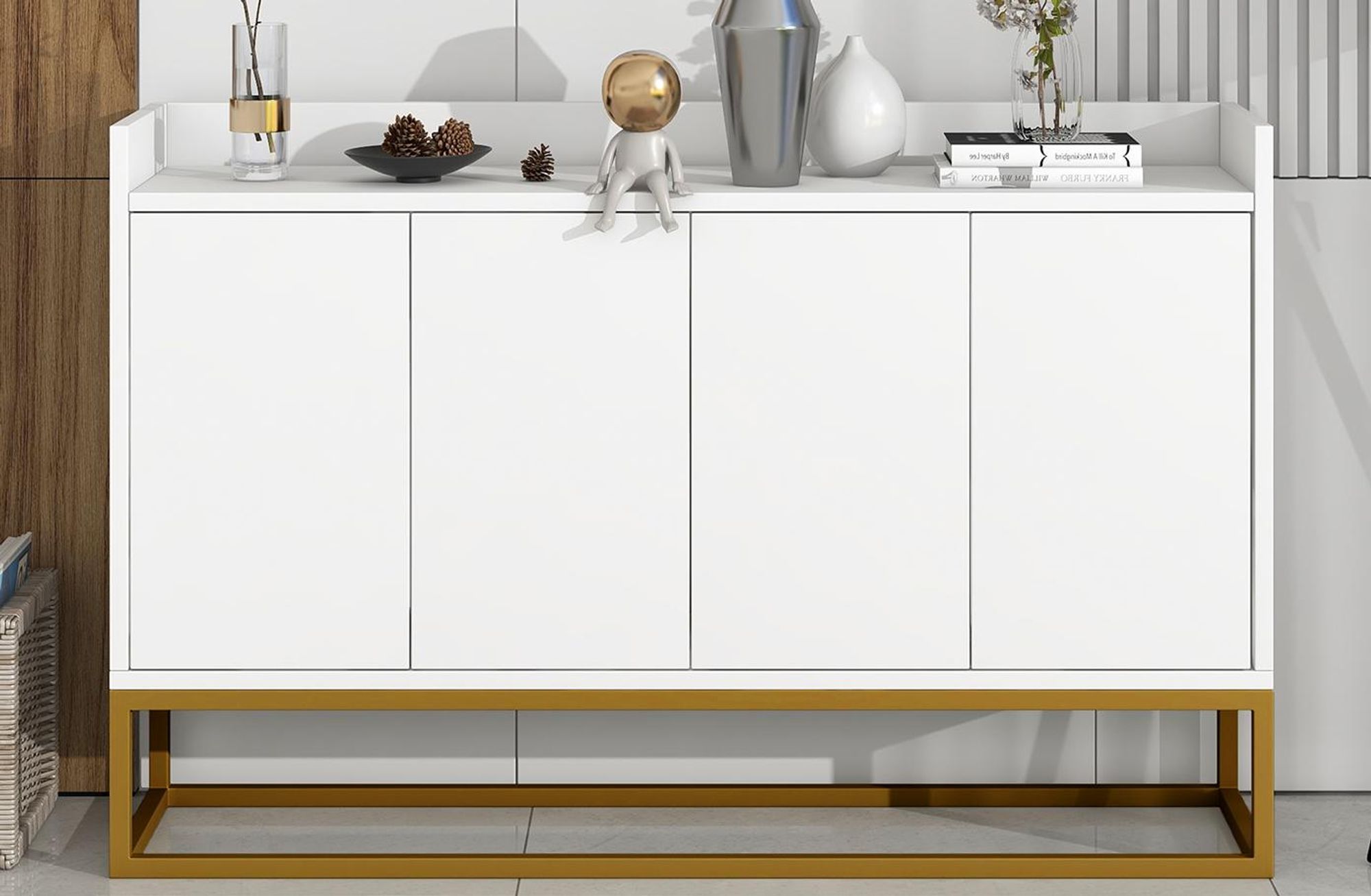 Merax Kommode Sideboard mit 4 Türen und verstellbaren Ablagen, goldenen Metallrahmen, Küchenschrank, Wohnzimmerschränke Anrichte, Weiß
