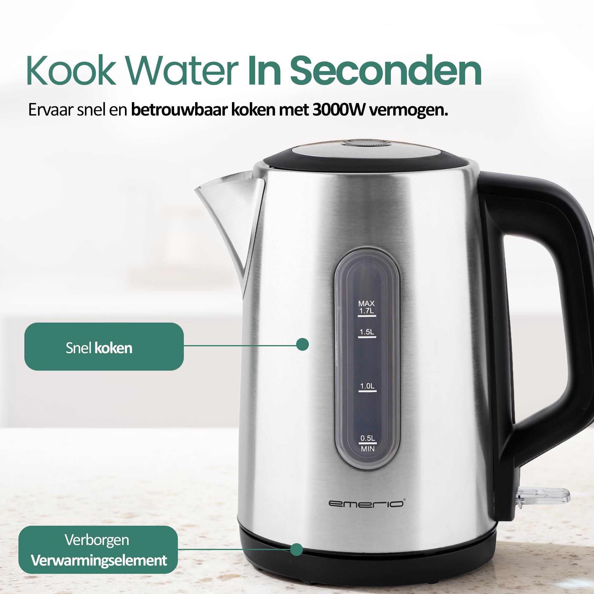 Emerio Waterkoker WK-133040 – 3000 W – 1,7 Liter – Waterniveau-indicator – Afgedekt Verwarmingselement – Automatische Uitschakeling – 360° Draadloos