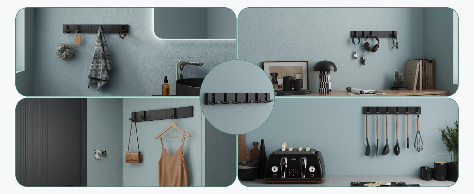 Mai & Mai Wandgarderobe Wandhaken aus Aluminium Garderobe mit 6 klappbaren Haken Garderobenleiste Garderobenhaken Kleiderhaken 44,5cm Schwarz