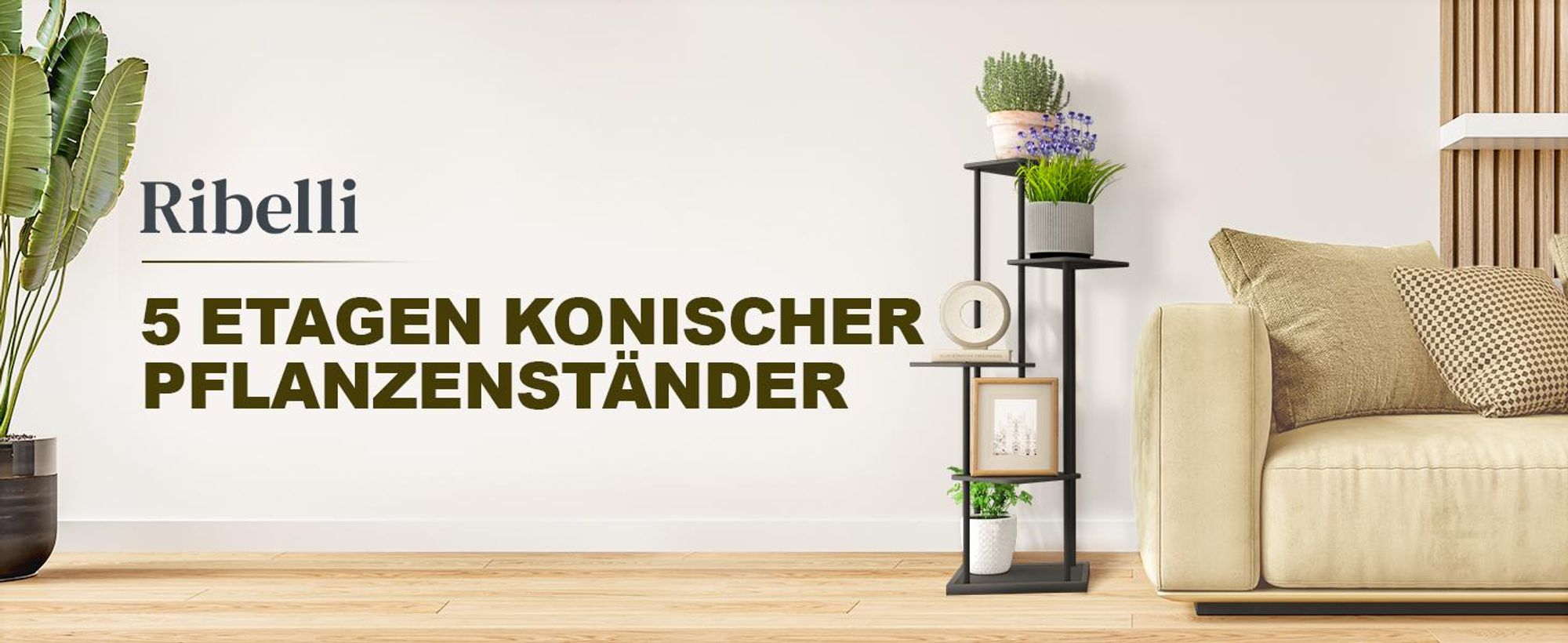 Ribelli Pflanzentreppe 5 Etagen Pflanzenständer, Blumenständer 106cm Höhe Blumenregal aus Holz und Metall, Deko für Balkon Garten Wohnzimmer, Schwarz
