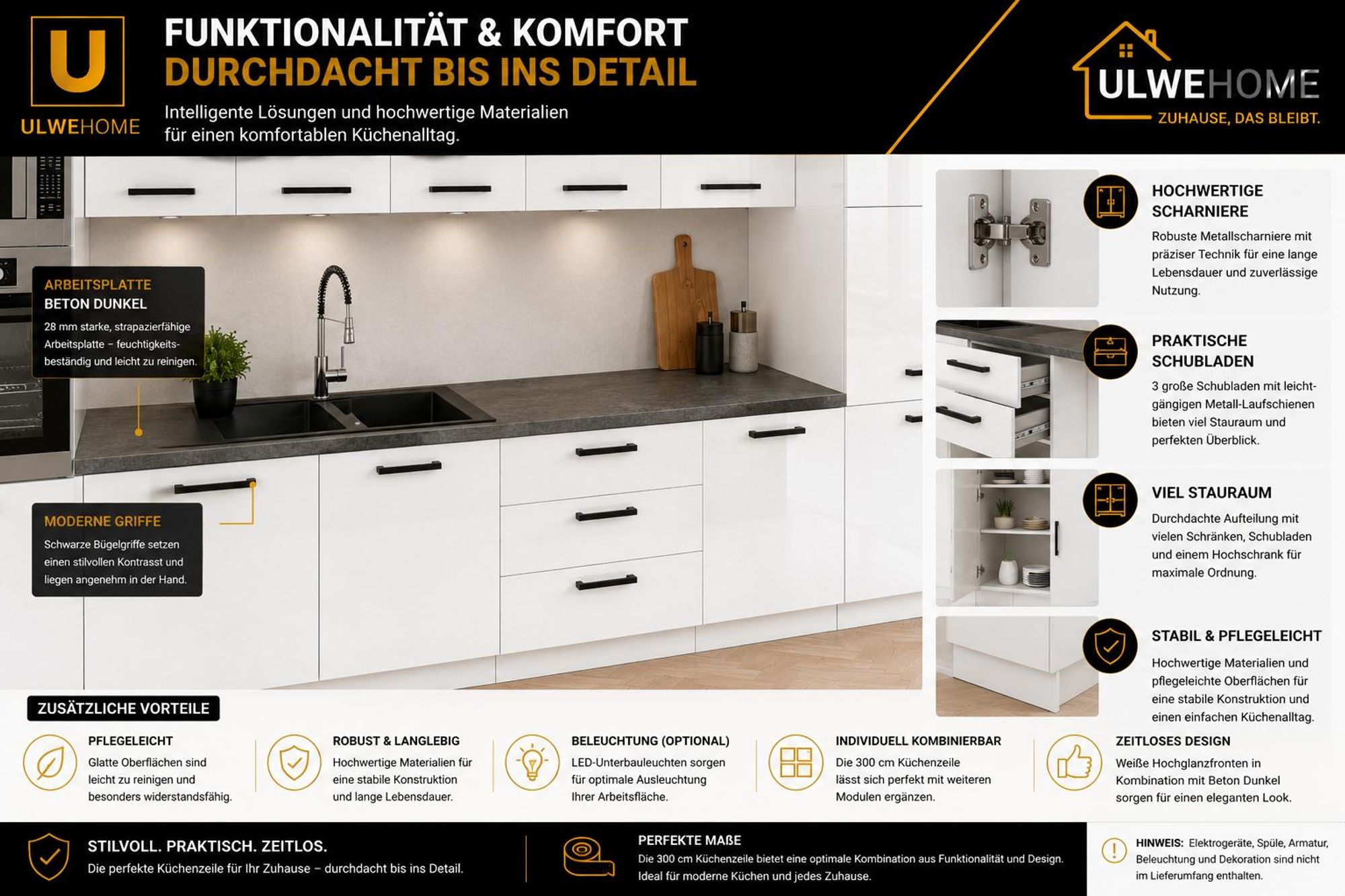 Küchenzeile Weiß Hochglanz 300 cm: Fronten, Scharniere & schwarze Griffe