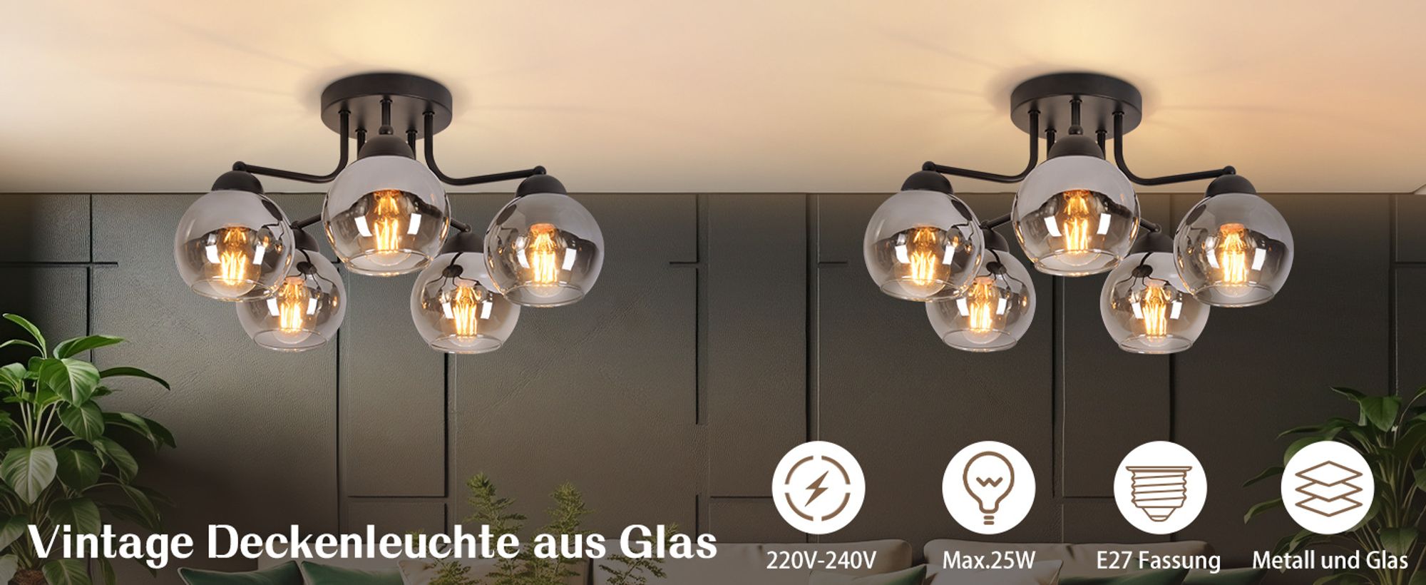 ZMH Deckenleuchte Schwarz Deckenlampe 5 flammig Vintage E27 Wohnzimmerlampe im Industrial Kugel  Metall für Schlafzimmer Küche Ohne Leuchtmittel
