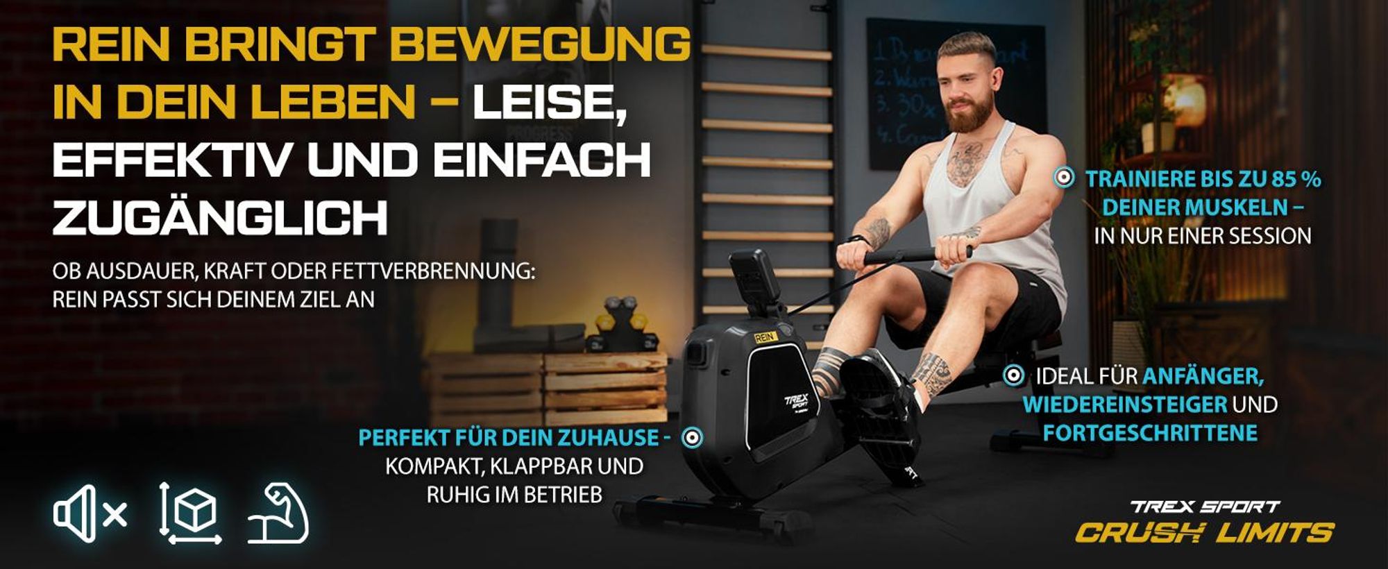 TREX SPORT Rudergerät klappbar für zuhause TX-580RM REIN | Rudermaschine mit Magnet-Widerstand 16 Stufen, 9kg Schwungmasse | mit LCD-Display bis 130kg