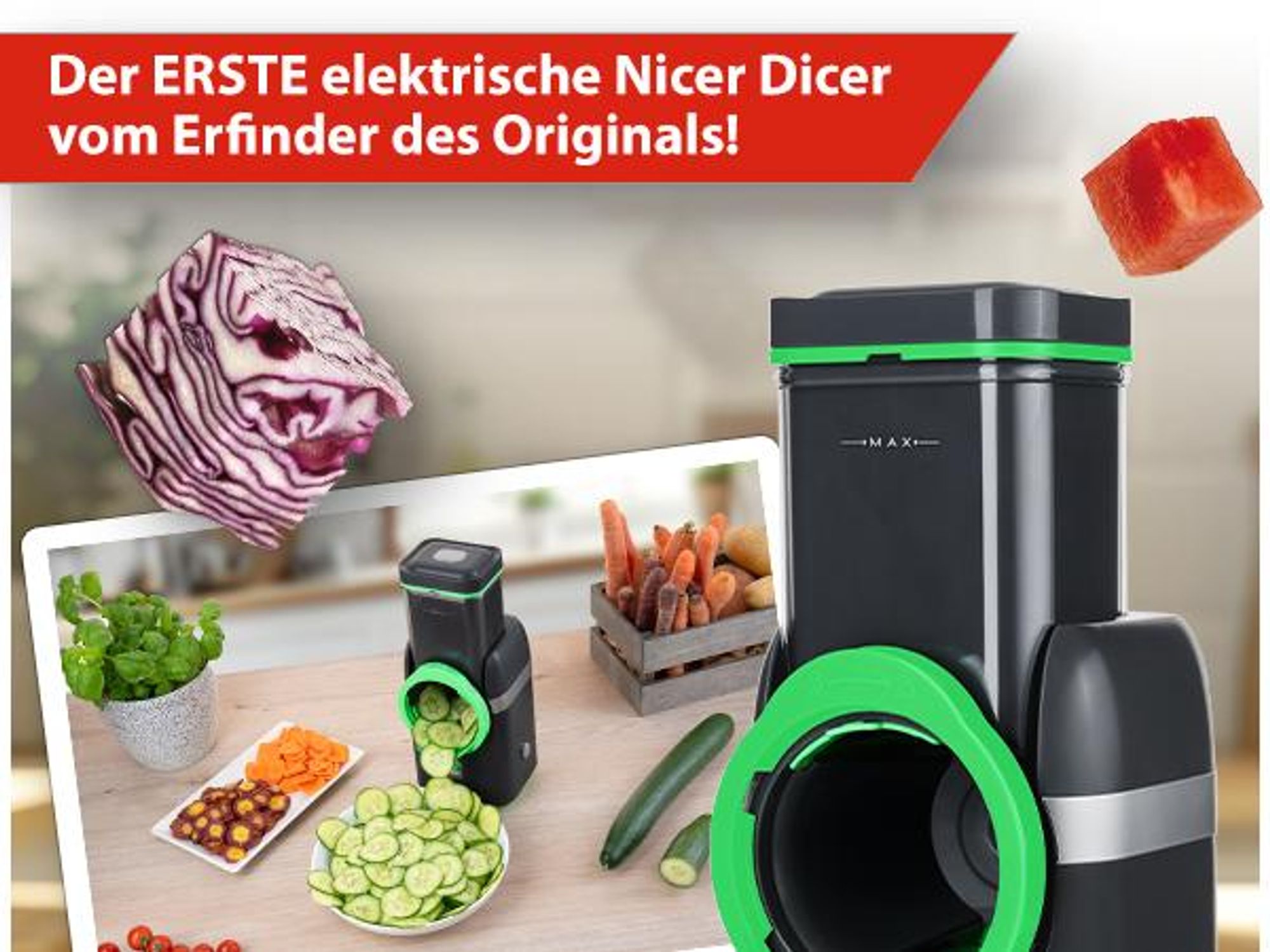 Nicer Dicer Electro Gemüseschneider 25 tlg, elektrische Gemüsehobel für Würfel, Scheiben, Julienne, Multizerkleiner für Gemüse und Obst, 6 Einsätze