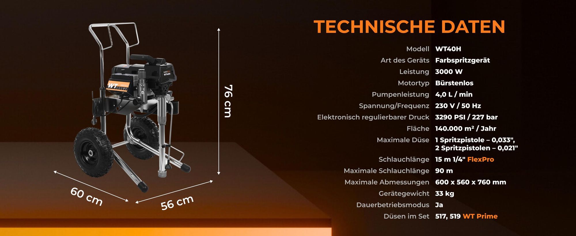 Farbsprühgerät WABROTECH WT40H Airless Farbsprühsystem mit Transporträdern, Airless Spritzgerät, 4 L/min