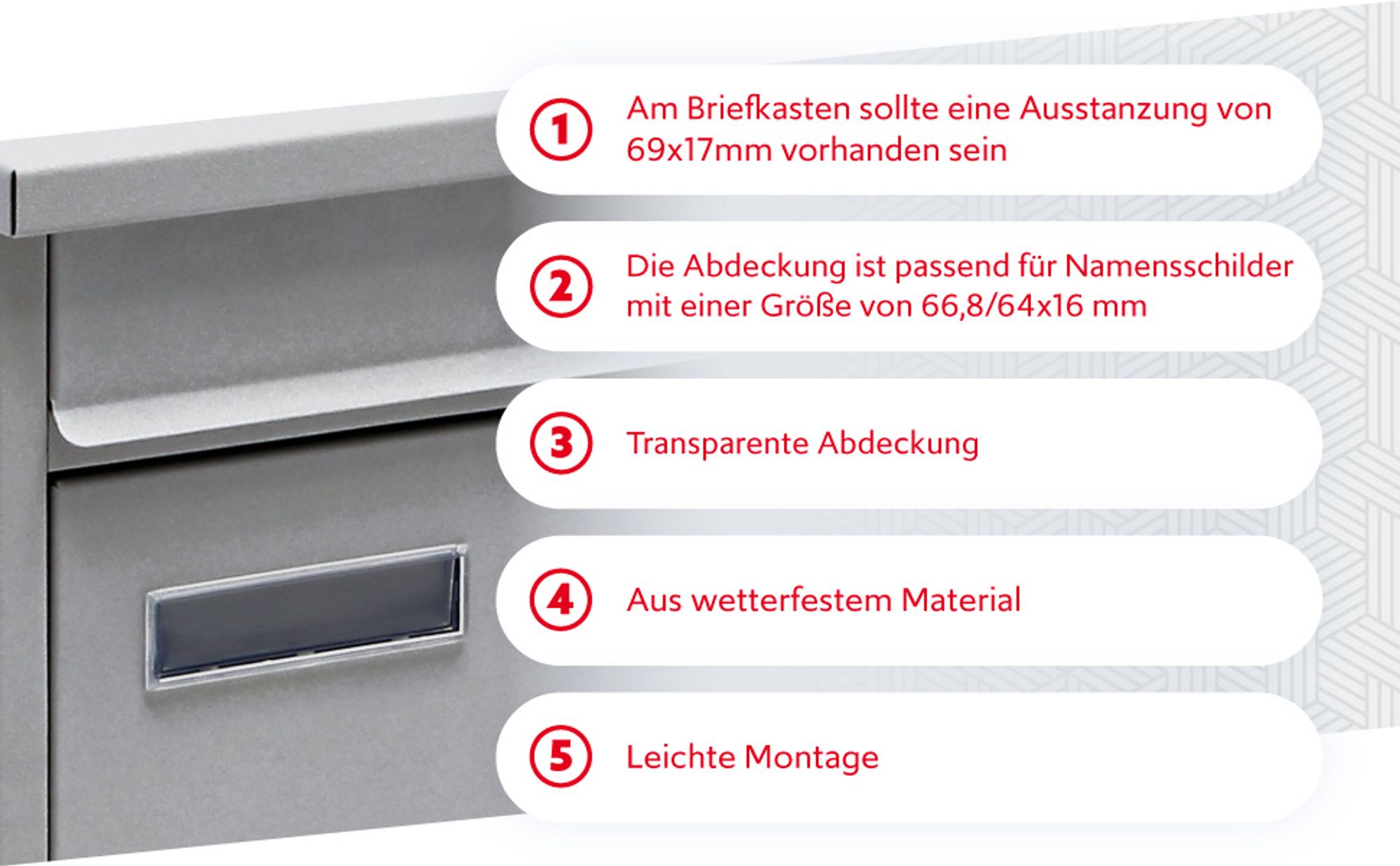 Wiltec Namensschild Abdeckung für Briefkasten mit Stanzmaß 69,1 x 17,2 mm für 73 x 21 mm Namensschild, Ersatzteil für Standbriefkasten und Wandbriefkasten