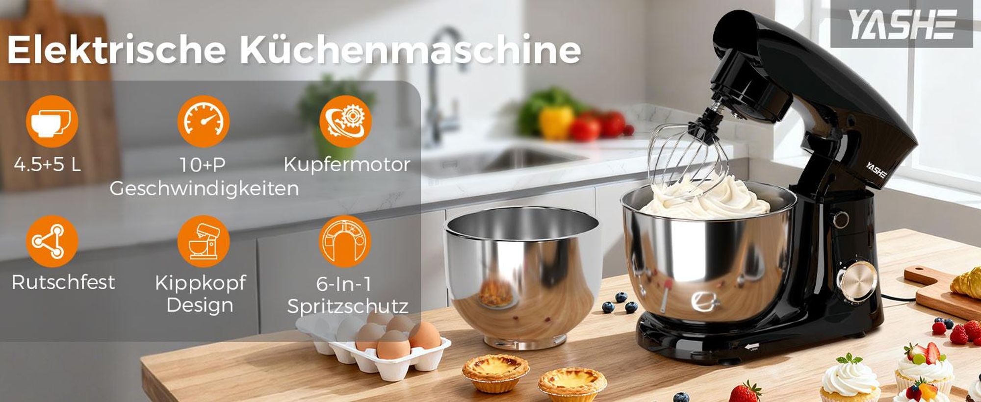 YASHE 1500W Küchenmaschine Knetmaschine mit 4,5+5L Edelstahlschüsseln
