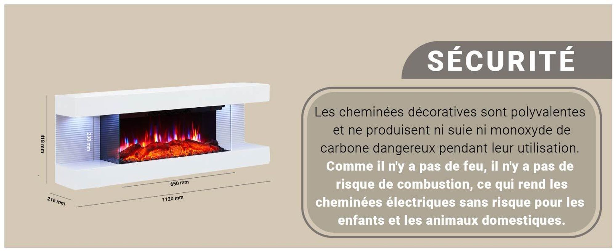 Cheminée murale électrique BALDERIA Lumina – Puissance de chauffage jusqu'à 1 800 W, effet de flammes en 3D, blanche