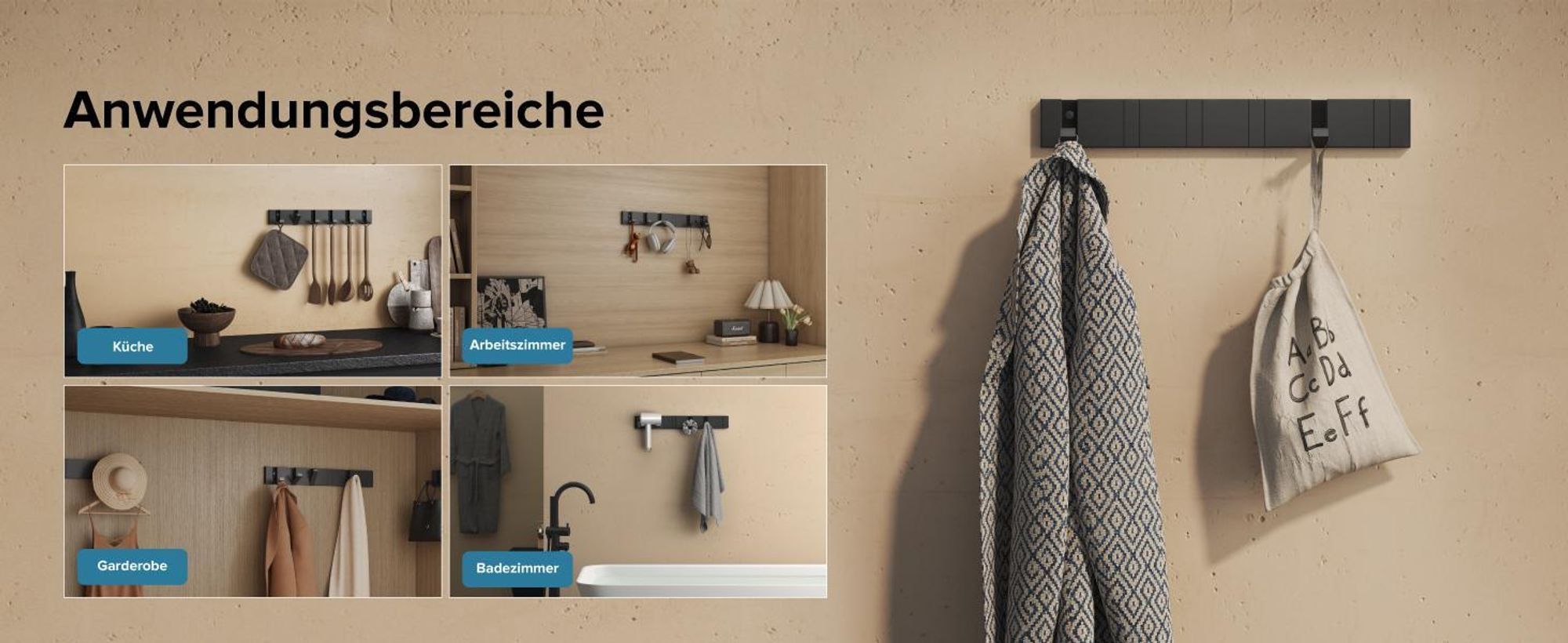 doporro Garderobenhaken Wand Moderne Wandgarderoben aus Aluminium Garderobenleiste klappbar kleiderhaken mit 6 Beweglichen Haken Wandhaken Schwarz