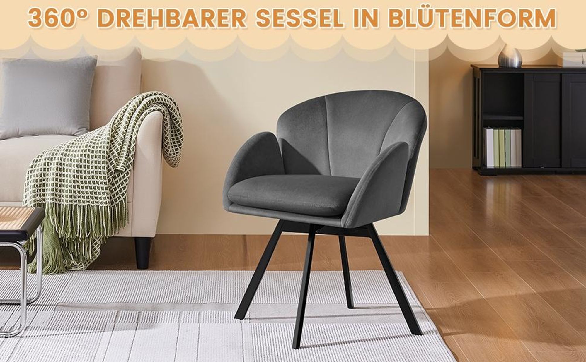 Yaheetech Schreibtischstuhl drehbar, samtiger Bürostuhl Drehstuhl mit doppeltem Sitzkissen, Schminktisch Stuhl, Schwarz