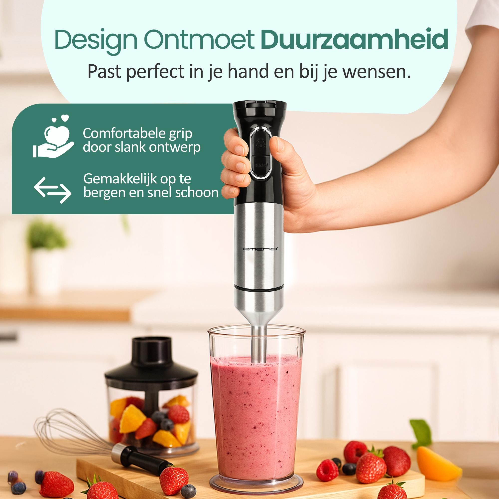 Emerio Staafmixer – 1000 W – Traploos Instelbare Snelheid – Zwart/RVS – HB-132381