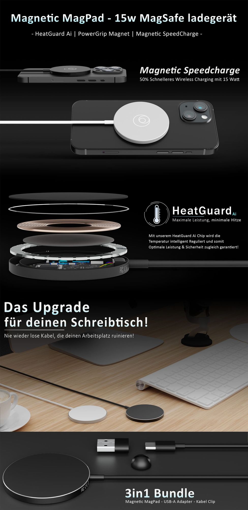 MagSafe 15w Wireless Charger - für Apple iPhone 15 14 13 12 11 Pro Max - Magnetic MagPad induktives 1,5m USB C Ladekabel Farbe: Shadow Black