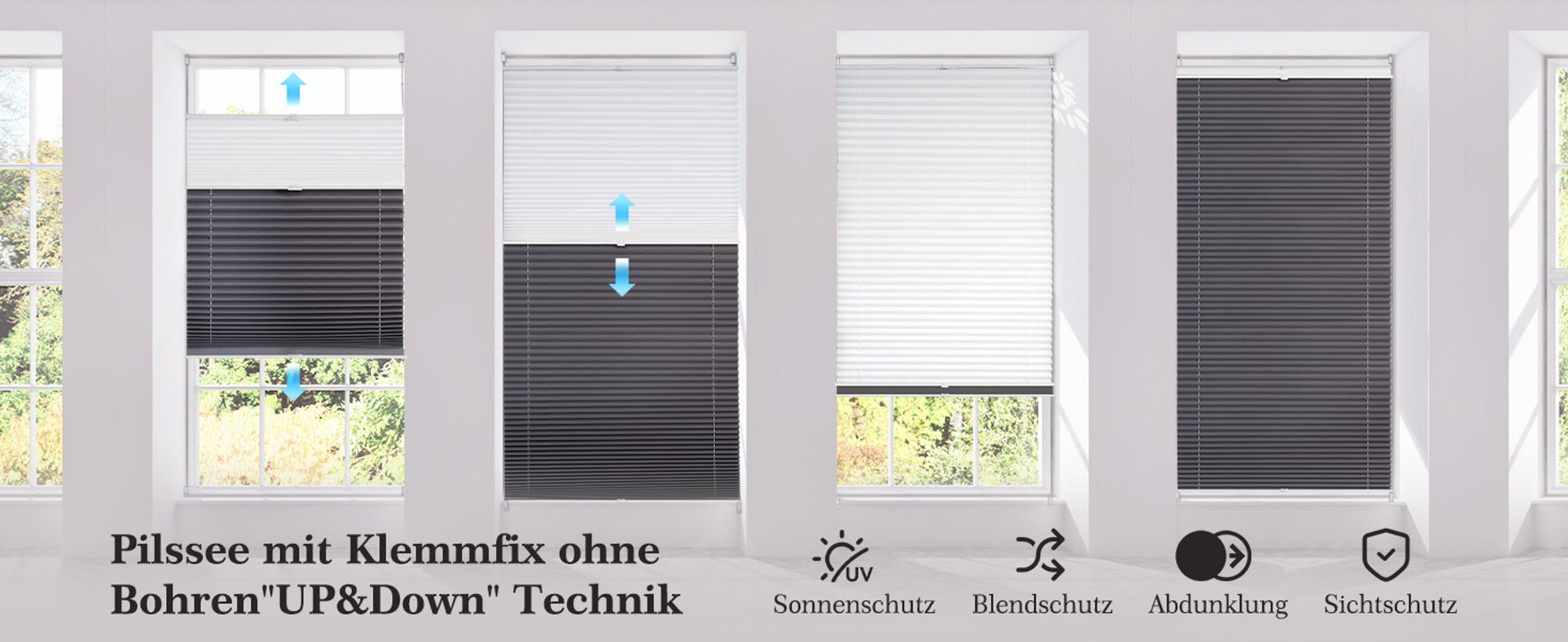 Sekey Plissee 40×130 cm ohne Bohren Day+Night Verdunklungsplissee Weiß+Grau Blickdicht Faltrollo Klemmfix 100% Verdunkelnd Sichtschutz für Fenster