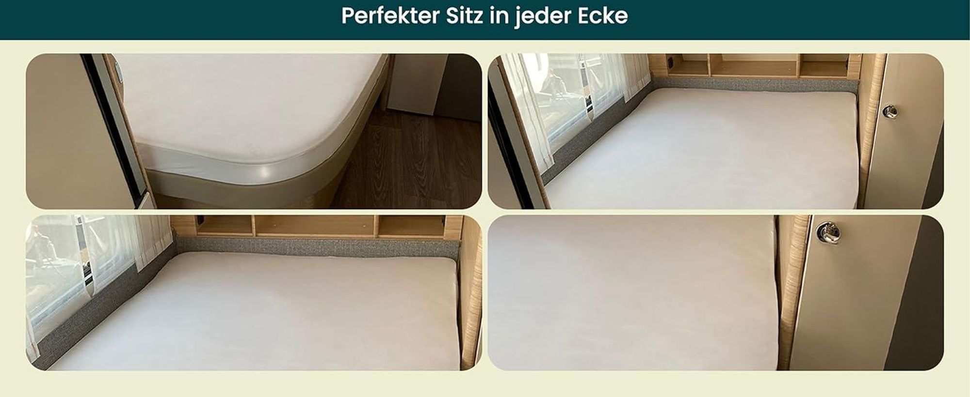 Praktische Fotos, die das Spannbettlaken auf einer Queen-Size-Wohnmobilmatratze zeigen.