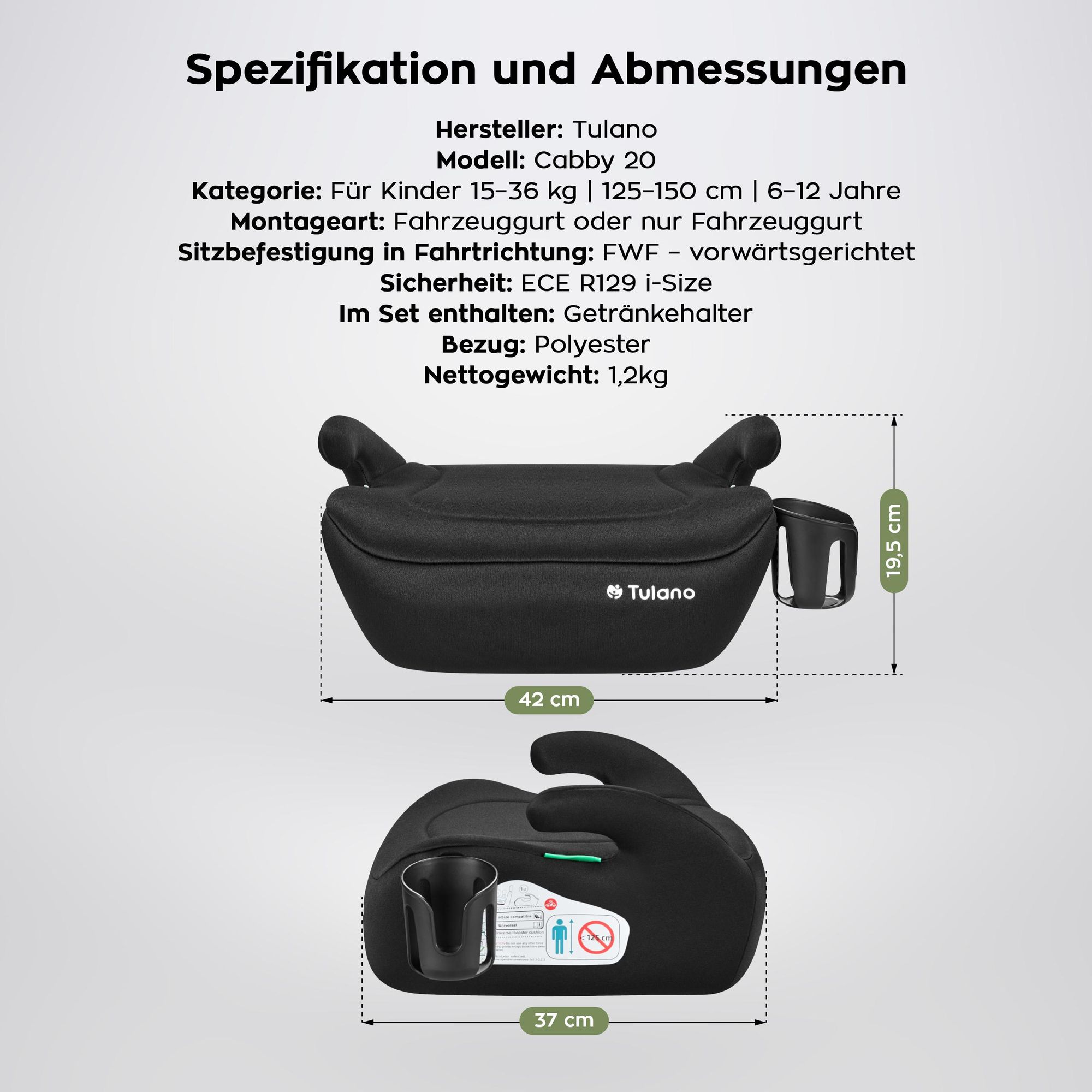 Tulano Cabby 20 Schwarz – i-Size Kindersitz R129, 125–150 cm, vorwärtsgerichtet, Autogurt, Getränkehalter, abnehmbarer Bezug