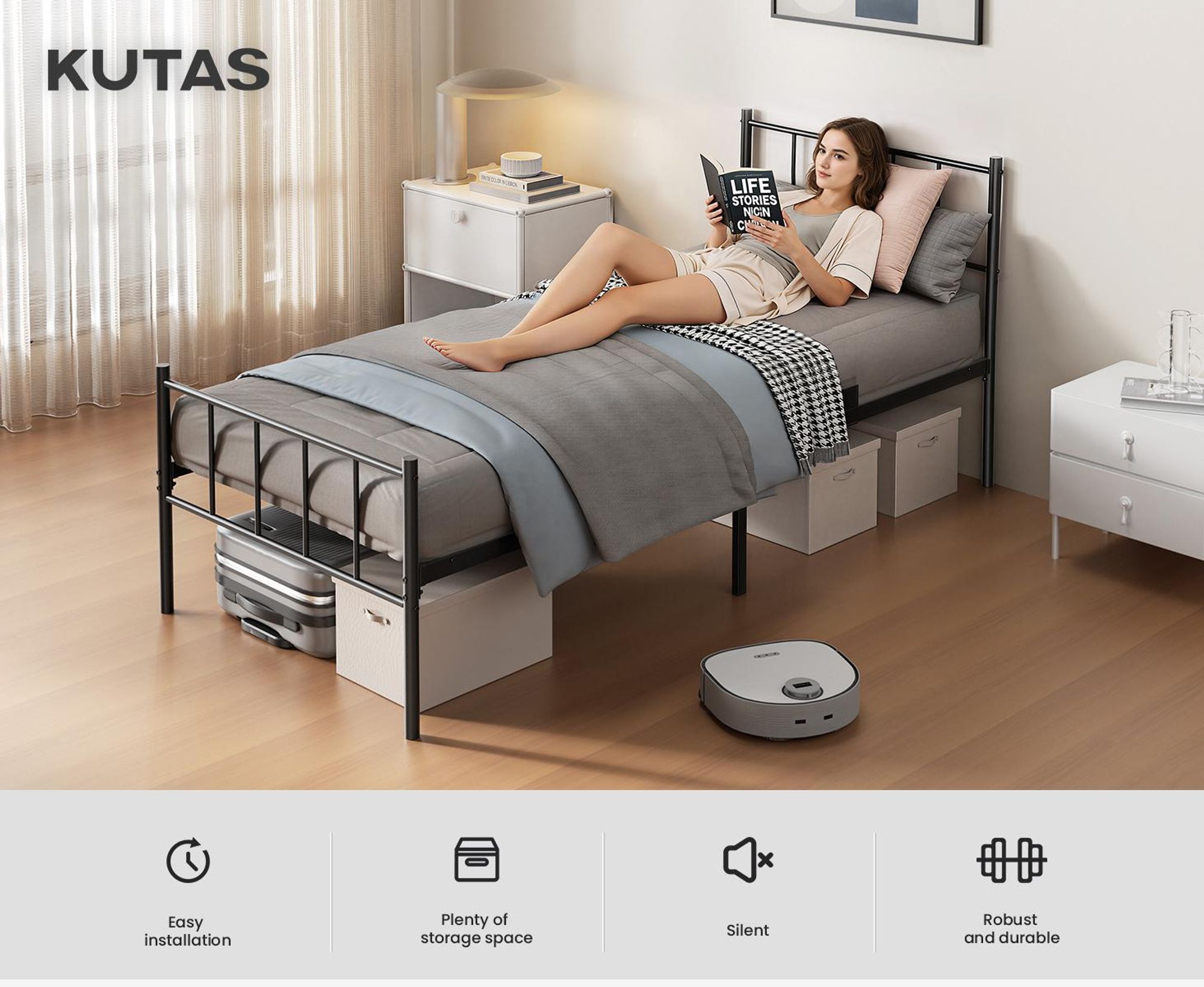 Lit 90 x 200 cm, sommier métallique avec tête de lit, cadre de lit de 36 cm de hauteur avec 32 cm d'espace de rangement, 14 lattes métalliques, silencieux, noir