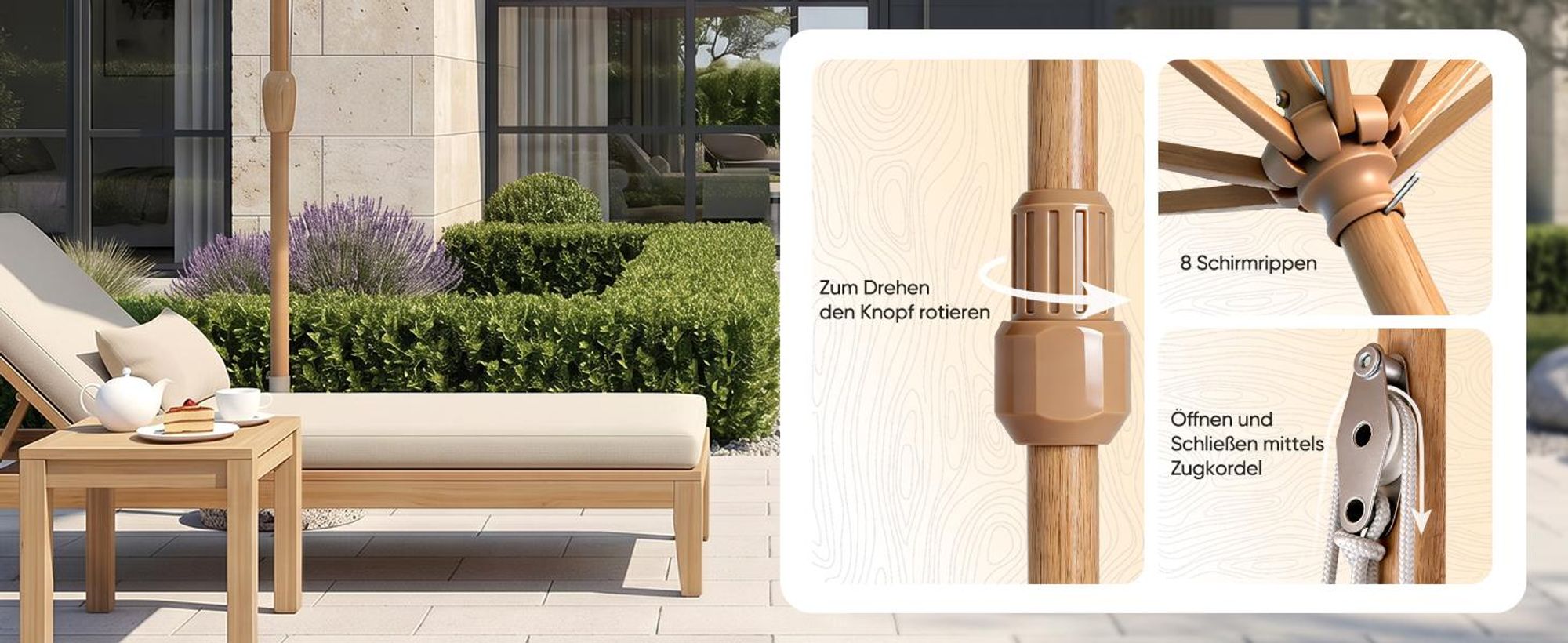 Sekey Sonnenschirm Ø300cm Holzoptik Gartenschirm Marktschirm für Garten Terrasse Hof, UPF50+