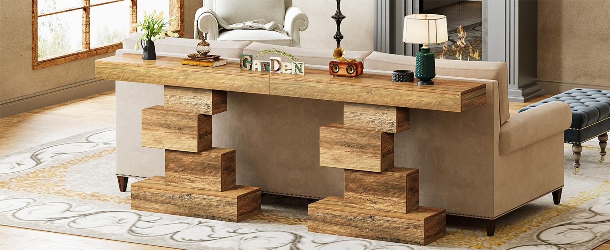 Tribesigns Konsolentisch, 108 cm schmaler Sofa-Beistelltisch Holz hinter der Couch mit platzsparendem geometrischem Sockel, Flurtisch (helle Eiche)