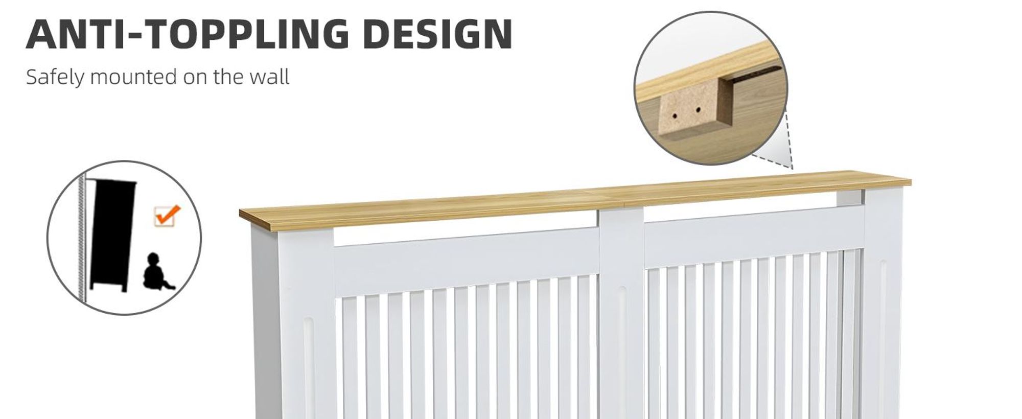 FATIVO Heizkörperverkleidung 152x20x92,5cm-Hohe Heizkörperabdeckung in Weiß mit Holzmaserung, aus verdicktem MDF, vertikale Lamellen, für Wohnzimmer