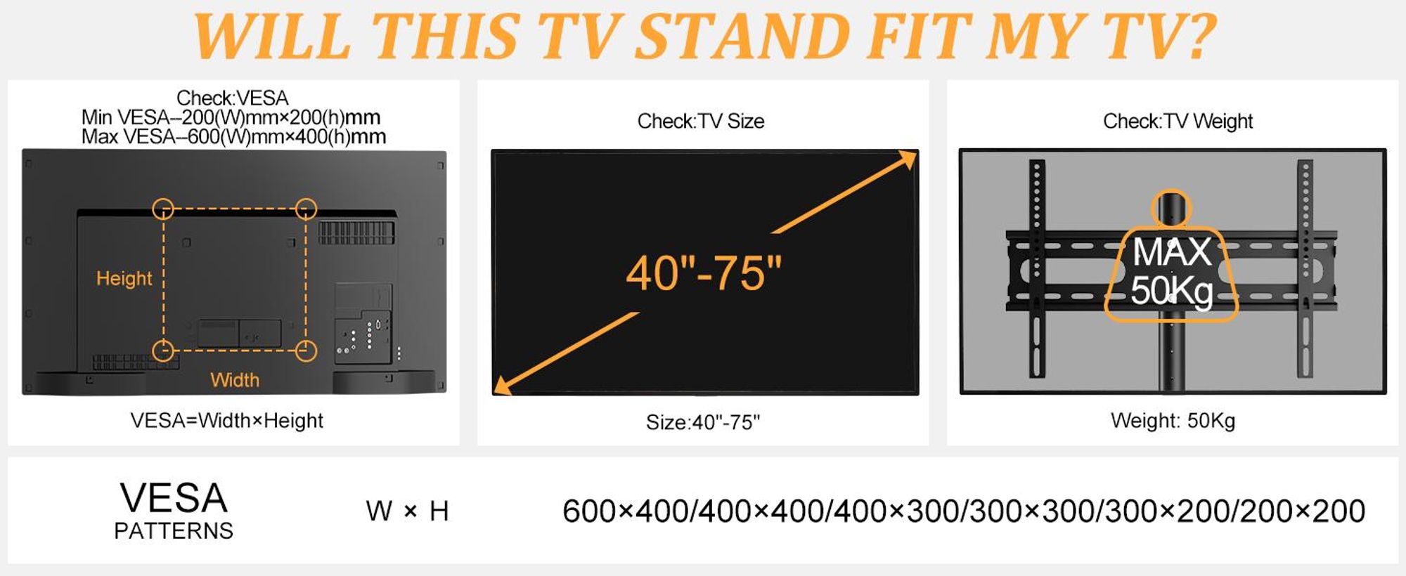 WISFOR TV Standfuss Höhenverstellbar, TV Ständer Rollbar, TV Bodenständer für 40-75 Zoll Fernsehstand, VESA 600x400mm, bis Max 50kg, schwarz