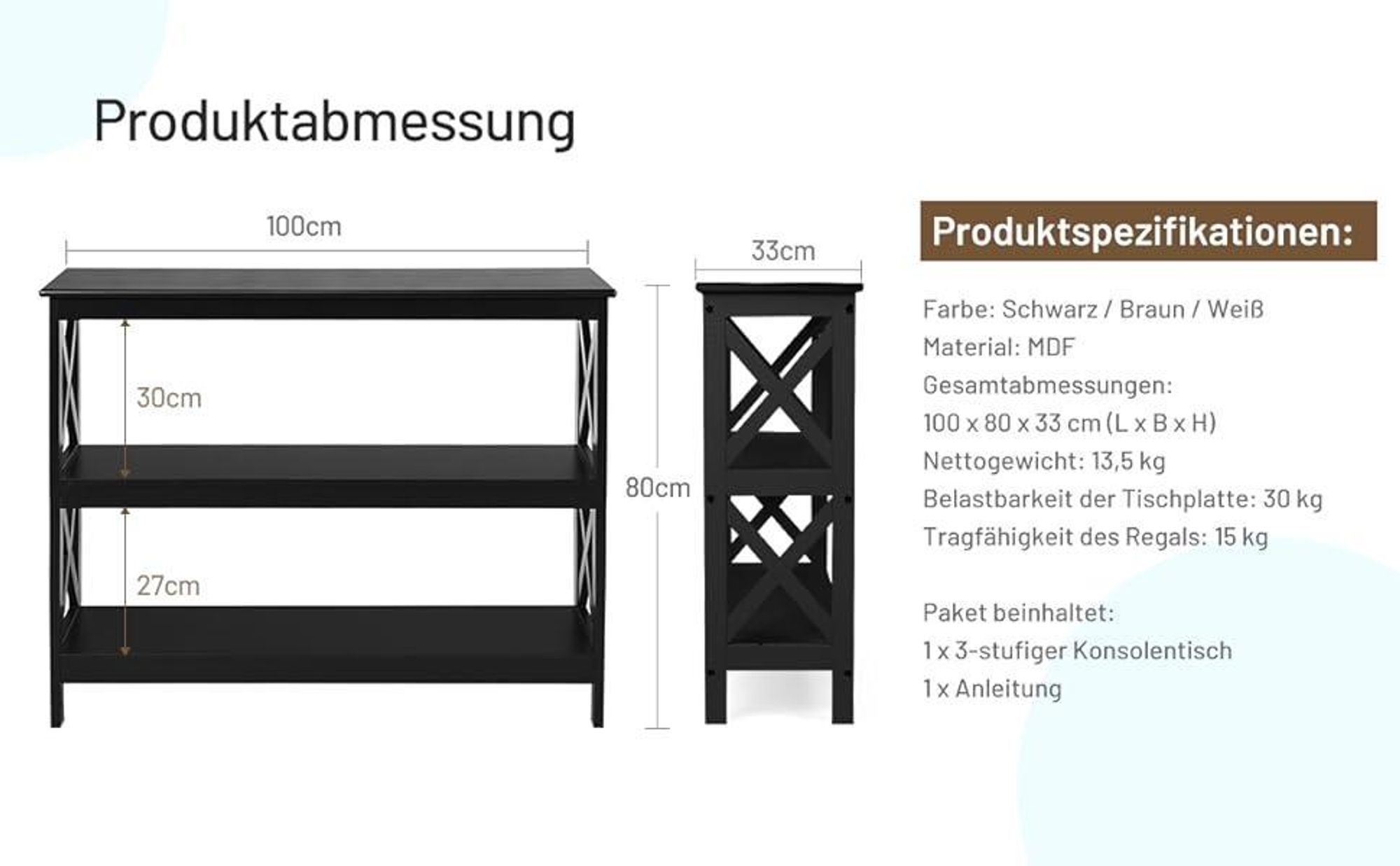 COSTWAY Konsolentisch 3 Ebenen, Sideboard Beistelltisch Industrie Design mit Ablage, Sofatisch Flurtisch 100 x 33 x 80 cm Schwarz