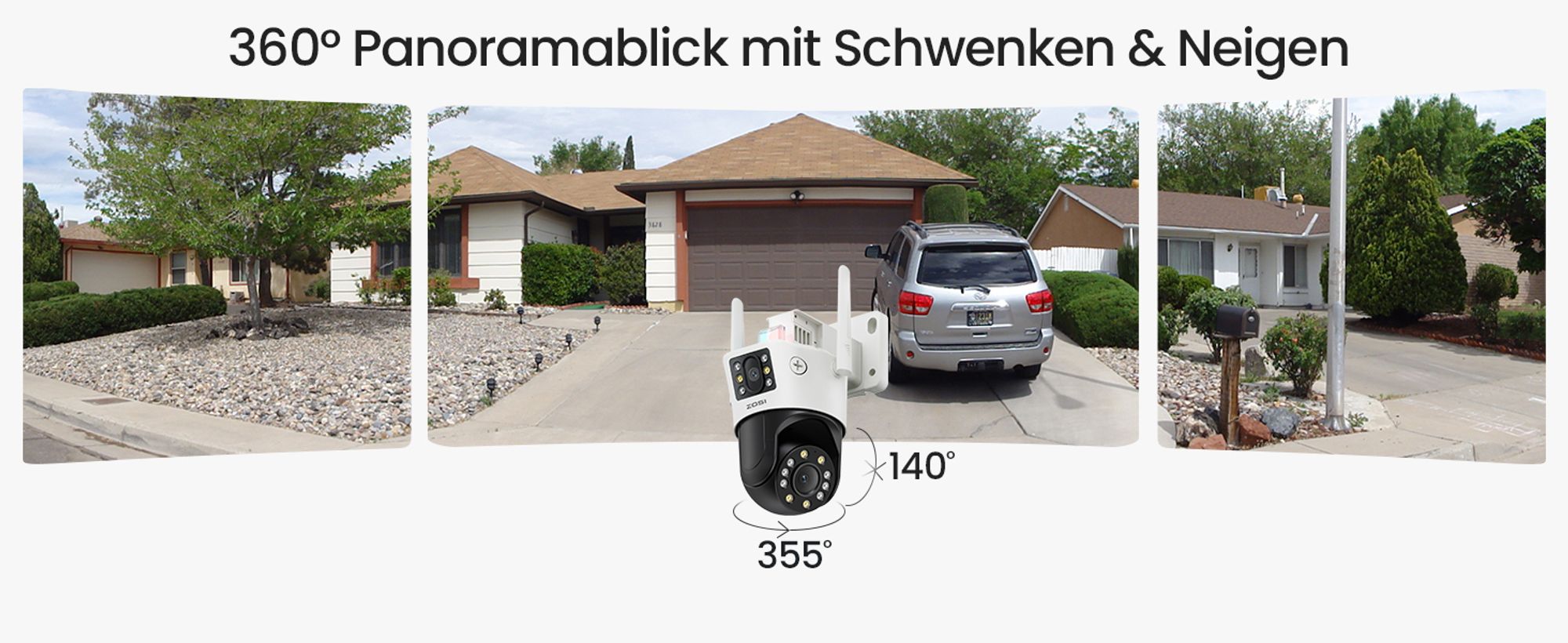 ZOSI 4MP+2MP Aussen WLAN Überwachungskamera mit Doppelobjektiv, 2.4GHz WiFi Pan/Tilt Kamera, 2-Wege-Audio, Personenerkennung und Verfolgung, C298 SE