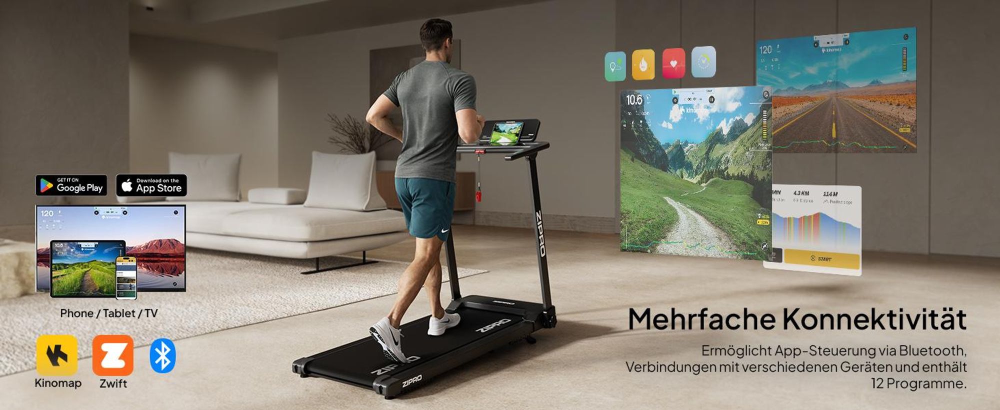 ZIPRO Forma Lite Laufband Elektrisch Klappbar – Ultra Flat Design, Bis 12 km/h & 120 kg Belastbarkeit - Bluetooth App-Kompatibel, Leises Walking Pad