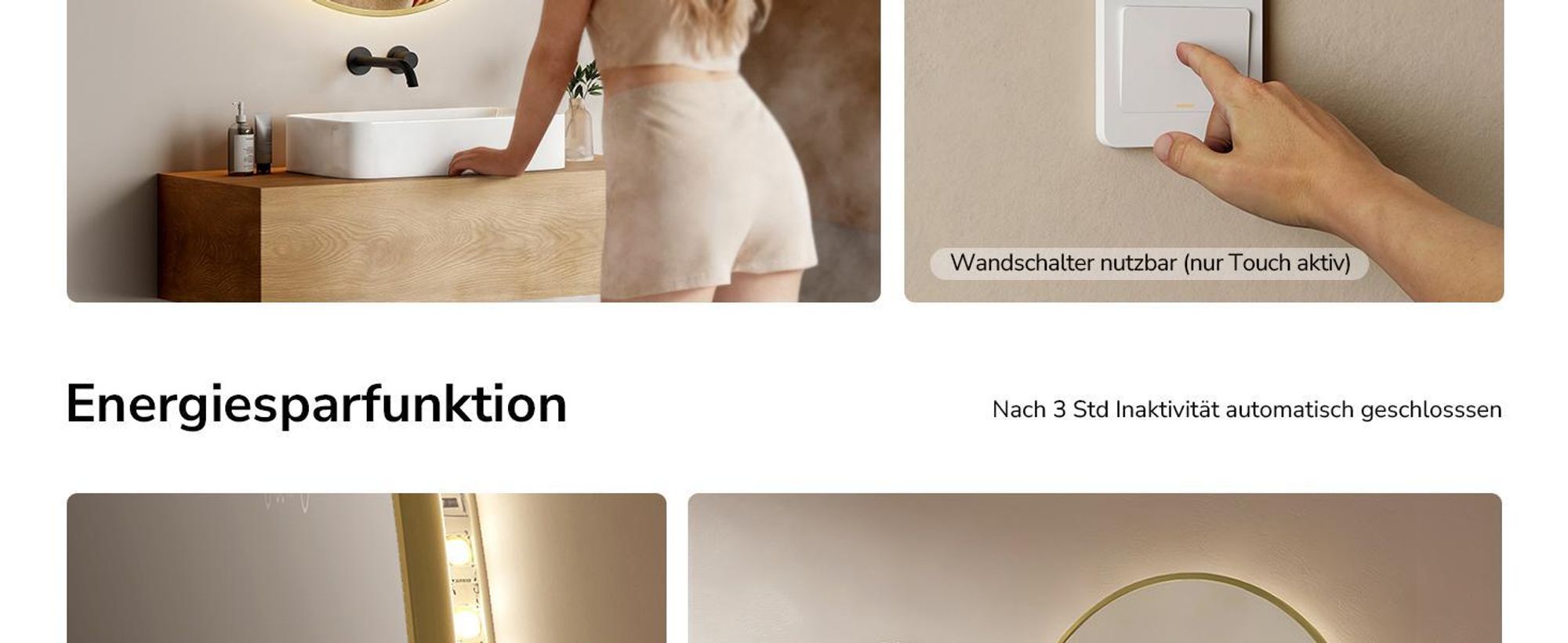 EMKE Badspiegel Rund LED Spiegel mit Beleuchtun ф80cm Gebürstetem Goldrahmen Rund Badezimmerspiegel mit Beschlagfrei, Uhr, Temperatur, Dimmbar, Memory-Funktion - Neutrale Lichts 4300K