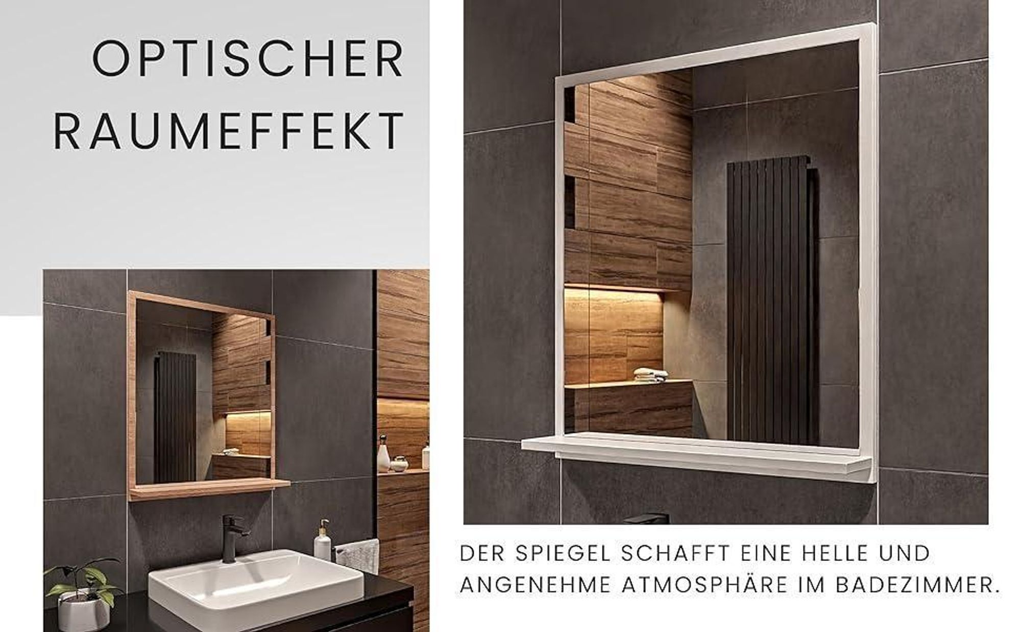 Badspiegel mit Ablage Schwarz - H:70 x B: 60  cm - Bathroom Mirror - Moderner Badezimmer Spiegel Rechteckig - Wandspiegel mit Regal