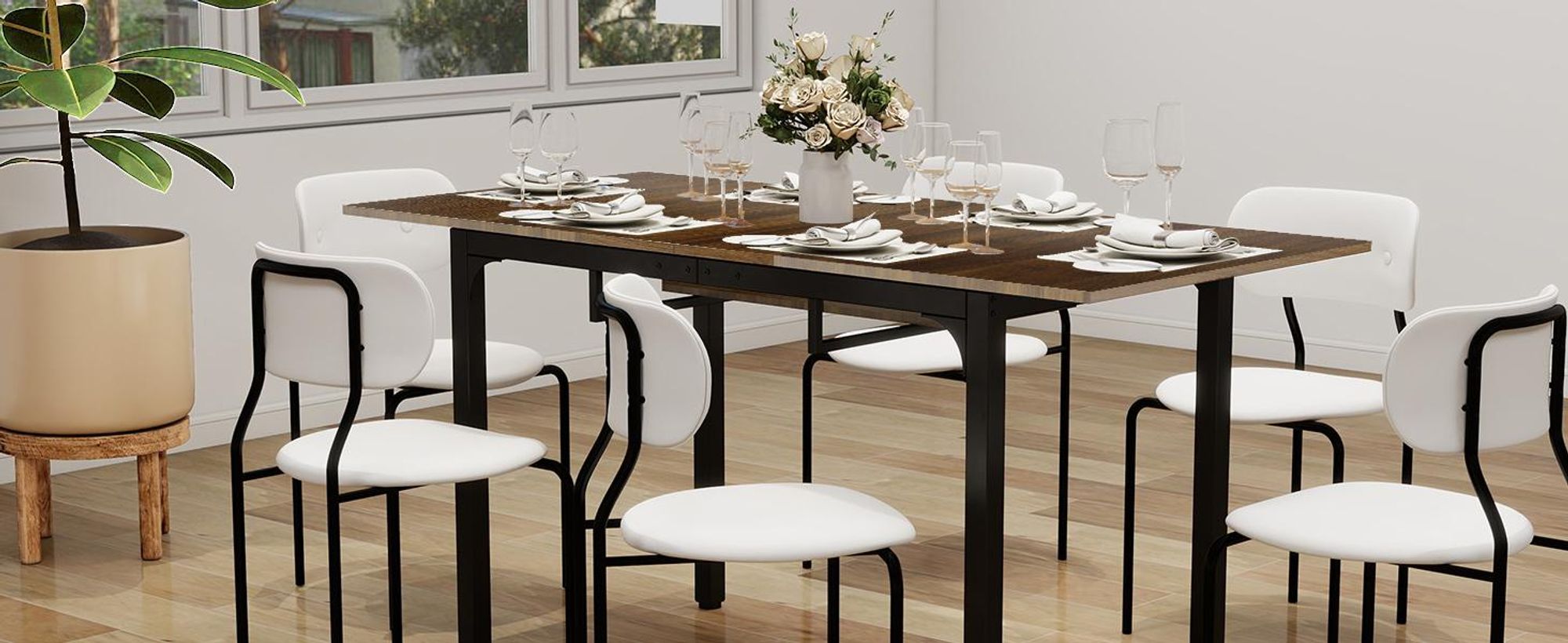 Puluomis Ausziehbarer Esstisch 110-149 cm verstellbar, mit Stauraum MDF Platte, inklusive verstellbaren Füßen für 4-8 Personen schwarz braun