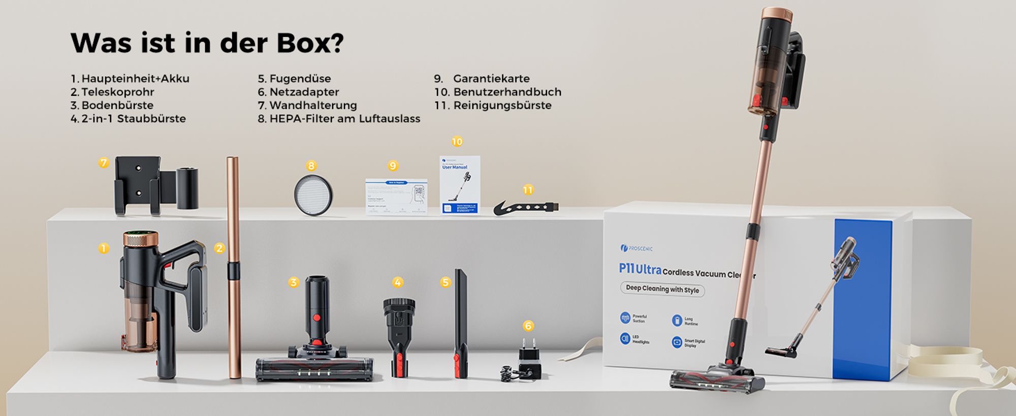 Proscenic ​​Handstaubsauger, Akku-Staubsauger,40kPa/450W starke Saugkraft, 40 Minuten, mit grünem Licht, 5-in-1 Filtersystem,für Kleine Wohnung