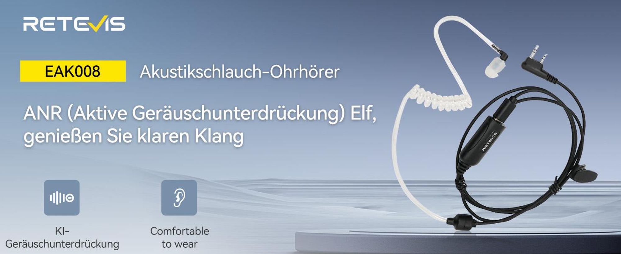 Retevis AI Aktiver Walkie-Talkie-Ohrhörer mit Geräuschunterdrückung, Walkie Talkie Kopfhörer, 2-poliges Funk-Headset Kompatibel mit RT24 RT617 RT618