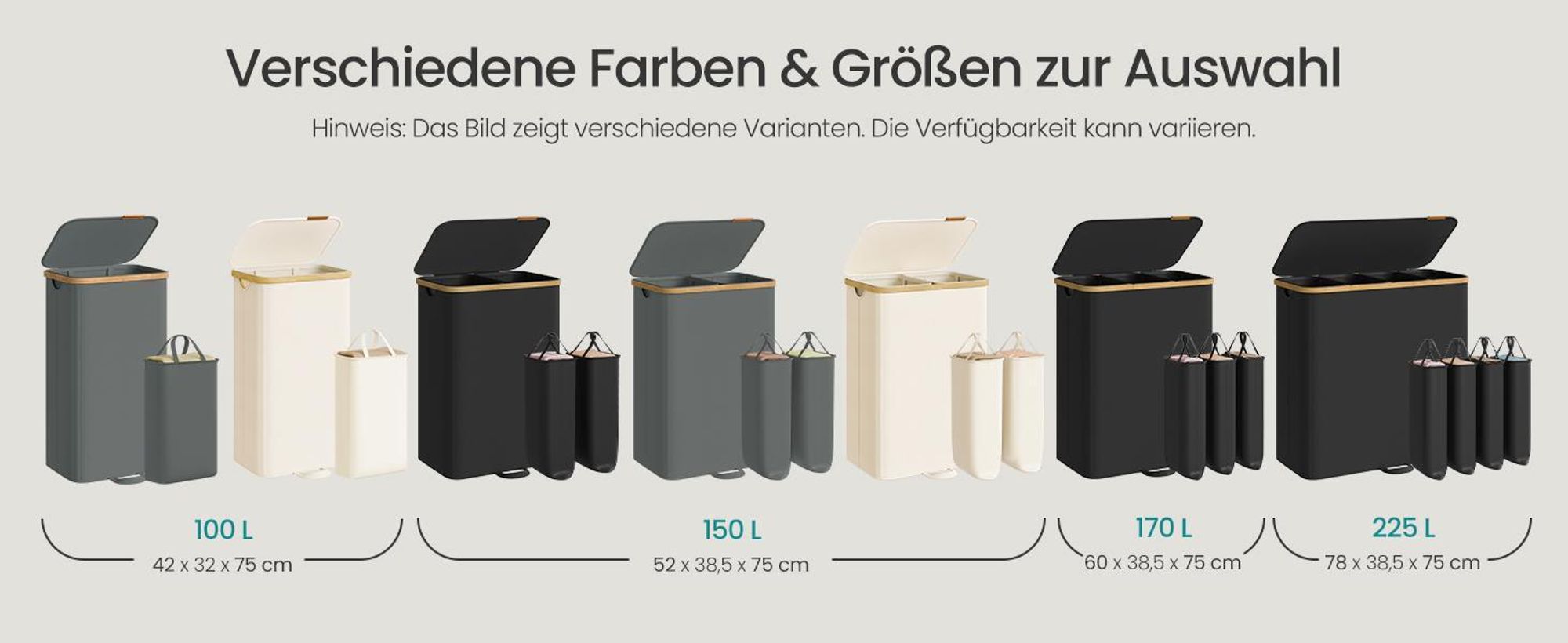 SONGMICS Wäschekorb mit Deckel, Wäschesammler, Wäschesortierer, Wäschesack herausnehmbar, 2 Fächer, 150 Liter, creme