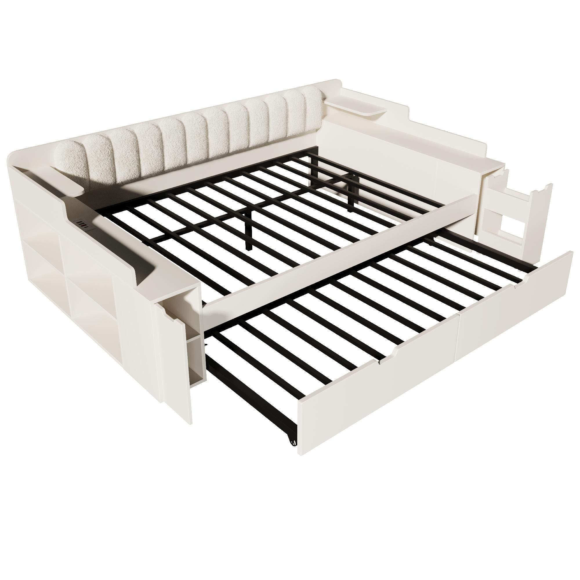 Flieks Tagesbett 140x200cm mit Ausziehbett, Doppelbett mit Ladestation und Rollwagen, Holz-Bettgestell mit Stauraum und Rückenlehne, Weiß, MDF+Metall